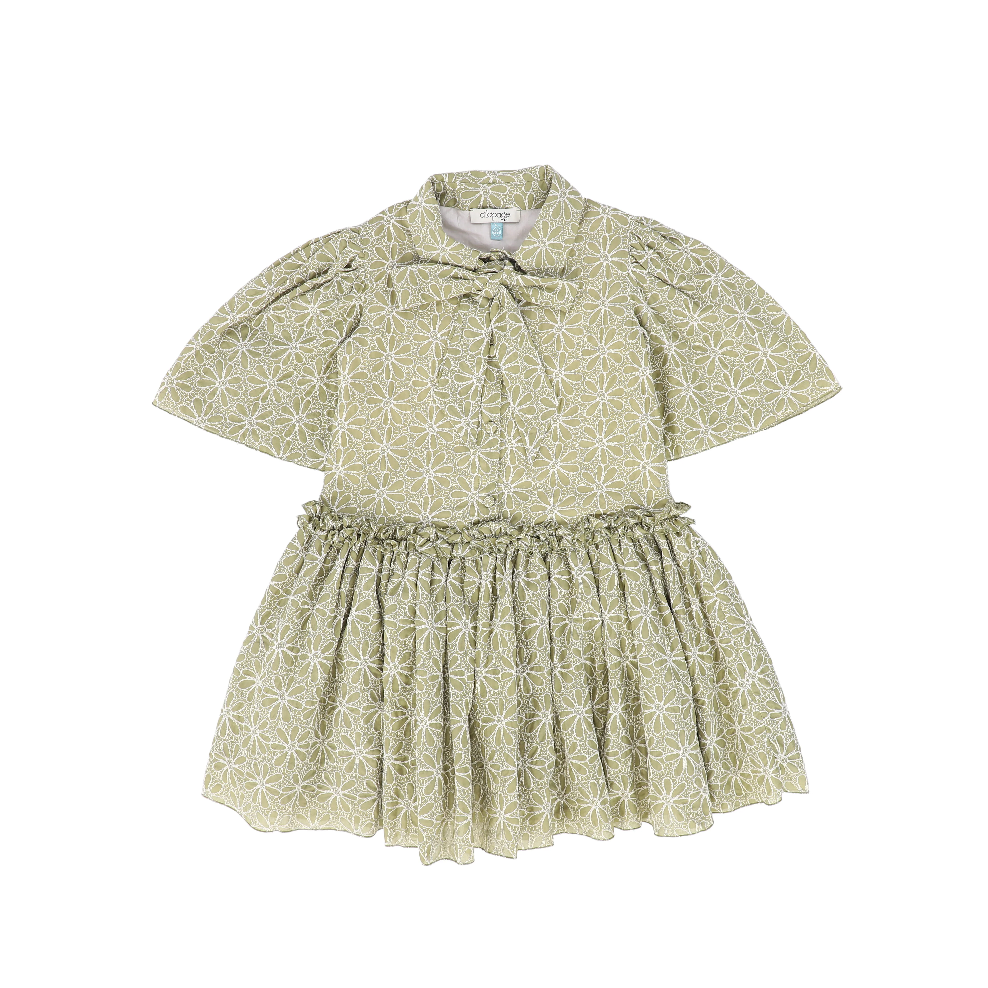 ALAPAGE OLIVE GREEN FLORAL EMBROIDERED TIE DRESS