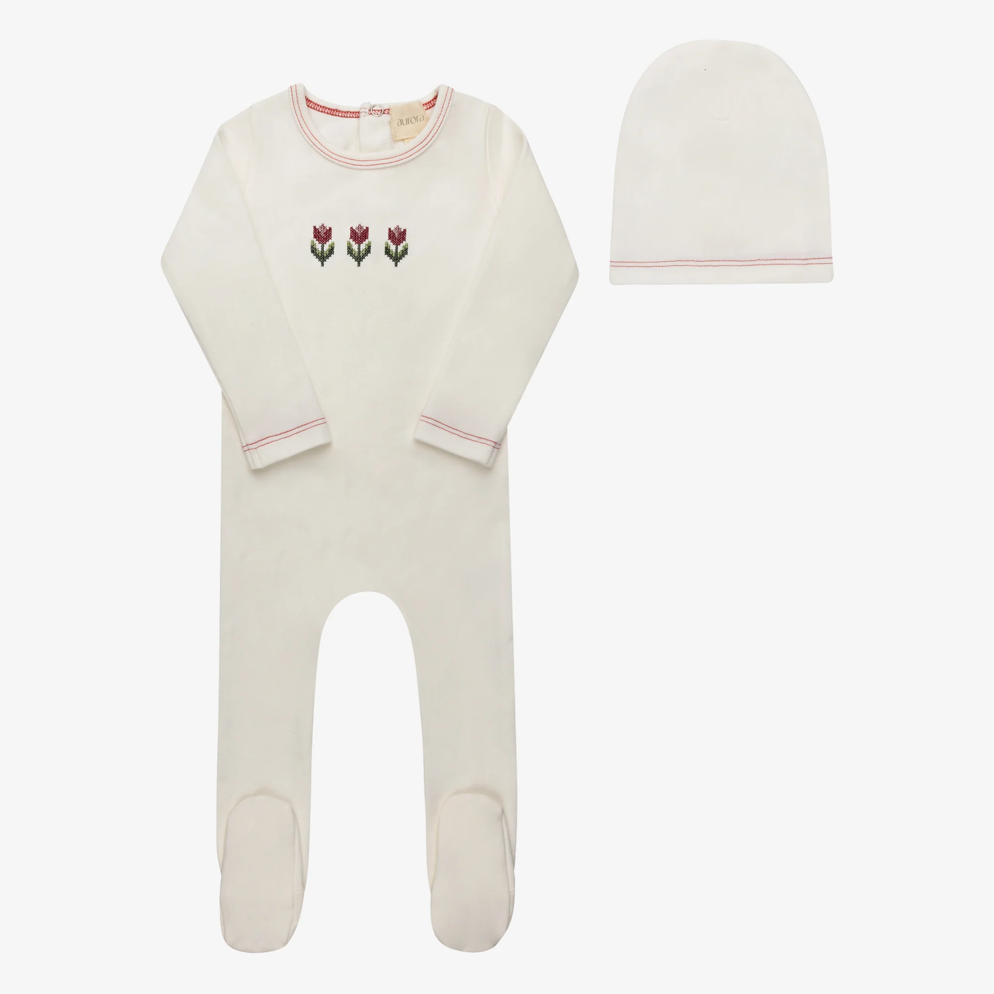 AURORA IVORY/PINK CROSS STITCH TULIP FOOTIE + BEANIE