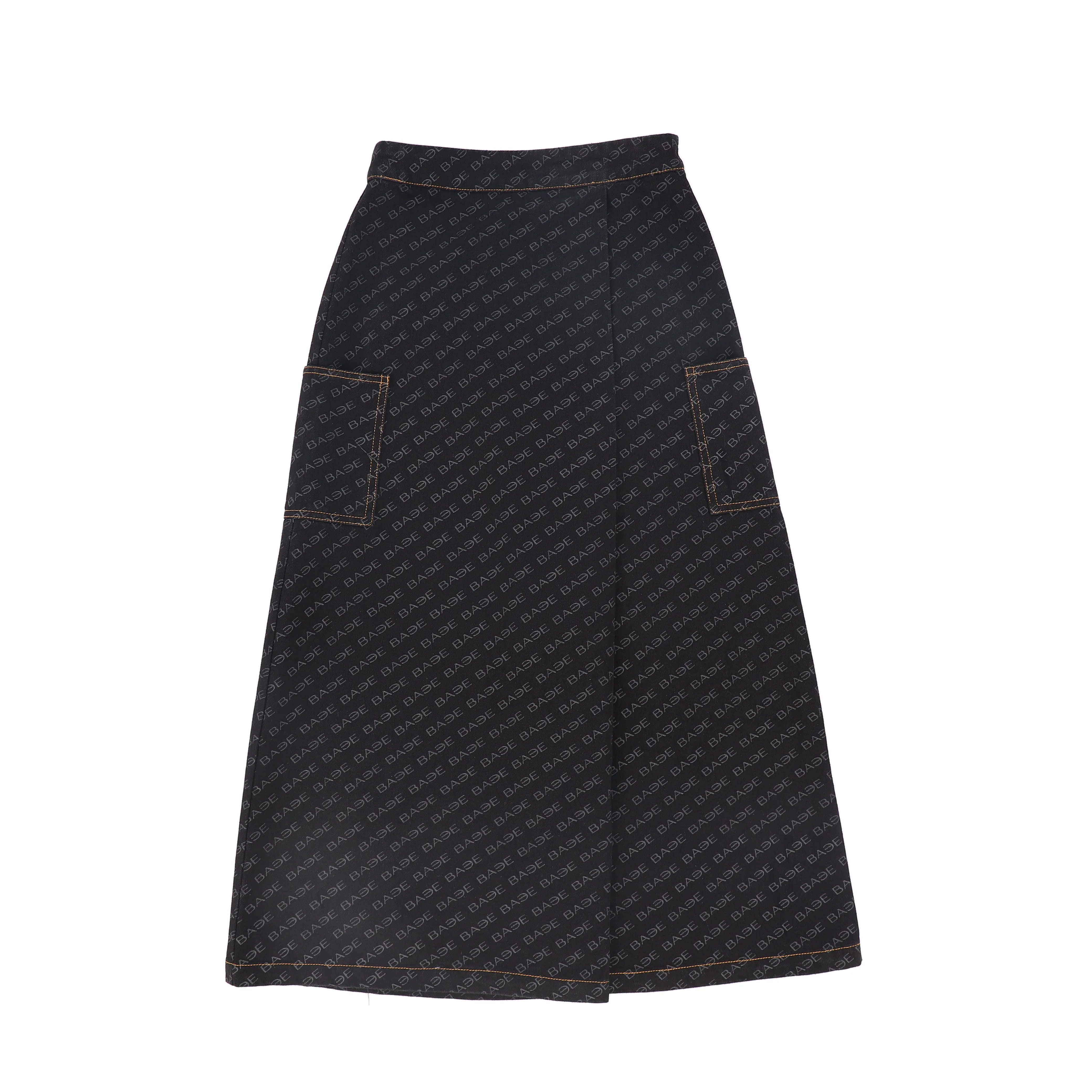 BACE COLLECTION BLACK PRINTED DENIM MAXI SKIRT [FINAL SALE]