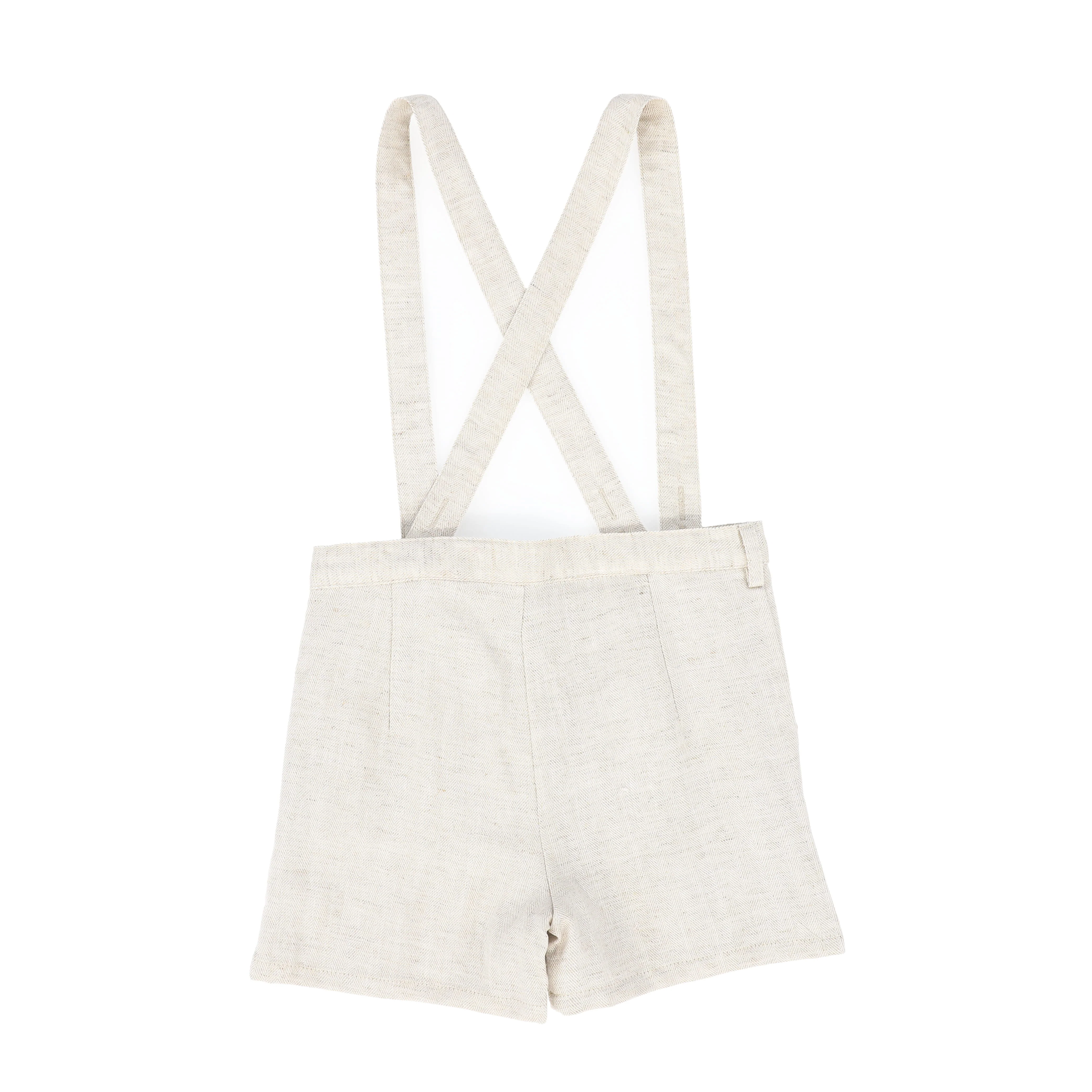 BACE COLLECTION BEIGE LINEN HERRINGBONE SUSPENDER SHORTS - Image 2