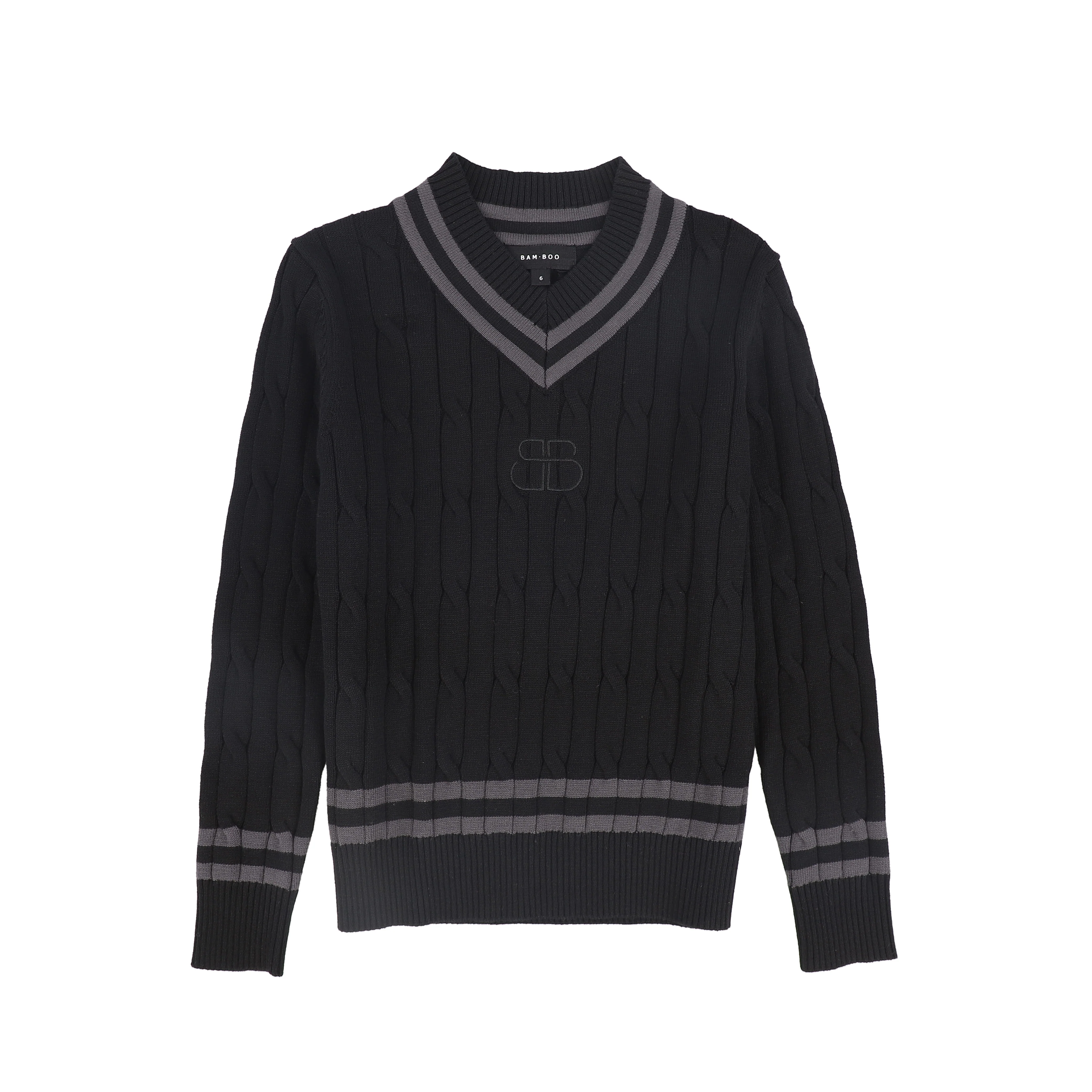 BAMBOO BLACK CABLE KNIT STRIPE TRIM SWEATER [FINAL SALE]
