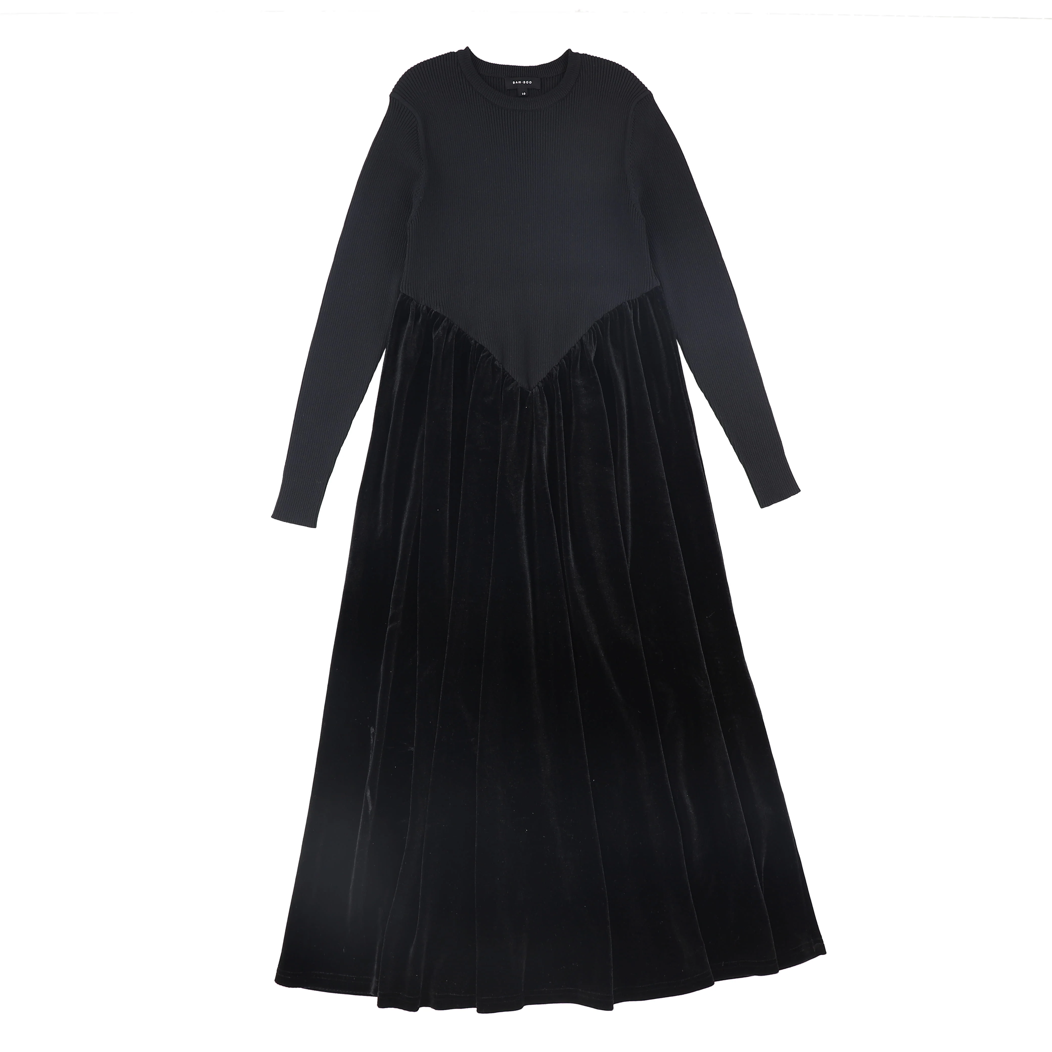 BAMBOO BLACK KNIT/VELOUR V PLEAT MAXI DRESS [FINAL SALE]