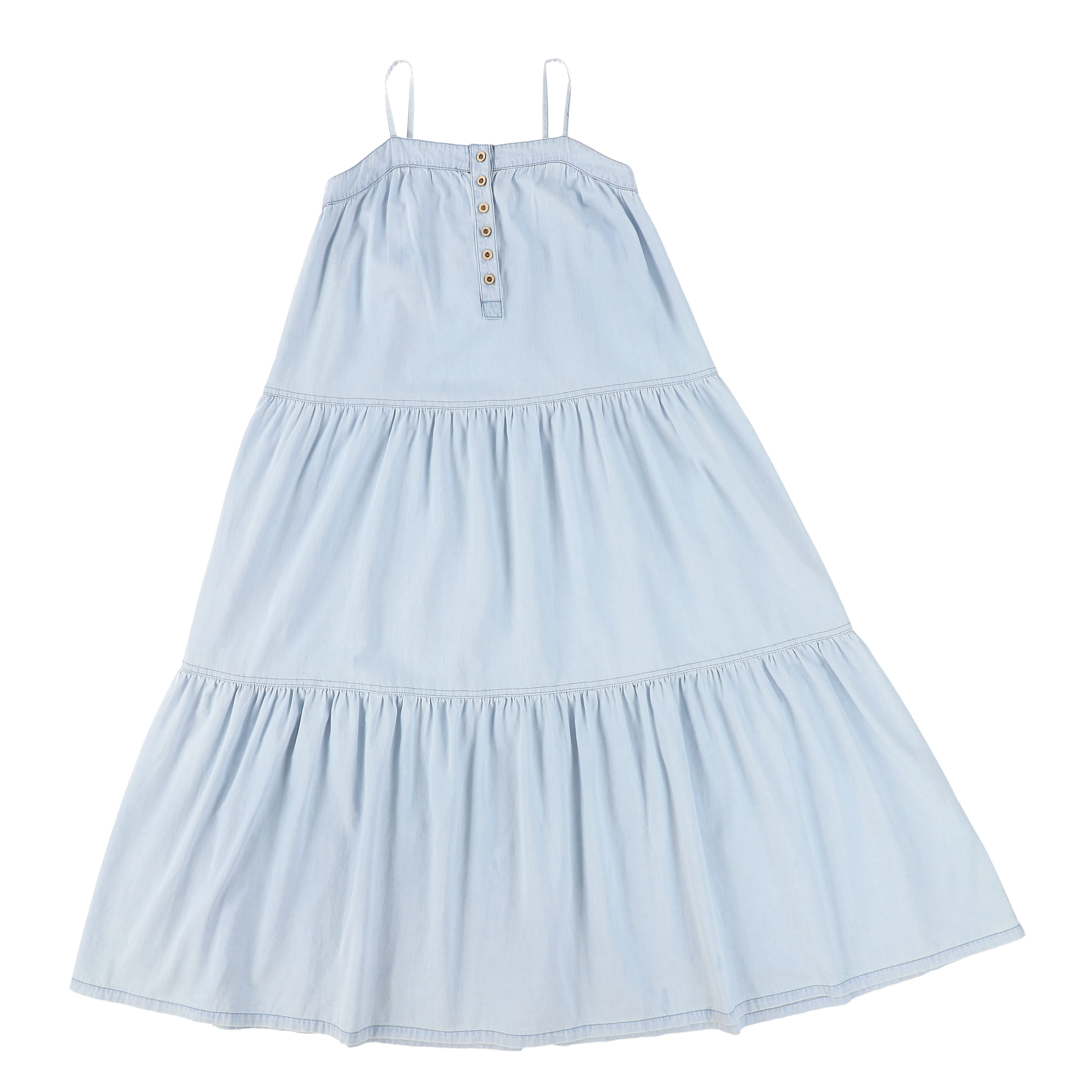 BAMBOO LIGHT BLUE DENIM BUTTON TIERED MAXI JUMPER [FINAL SALE]