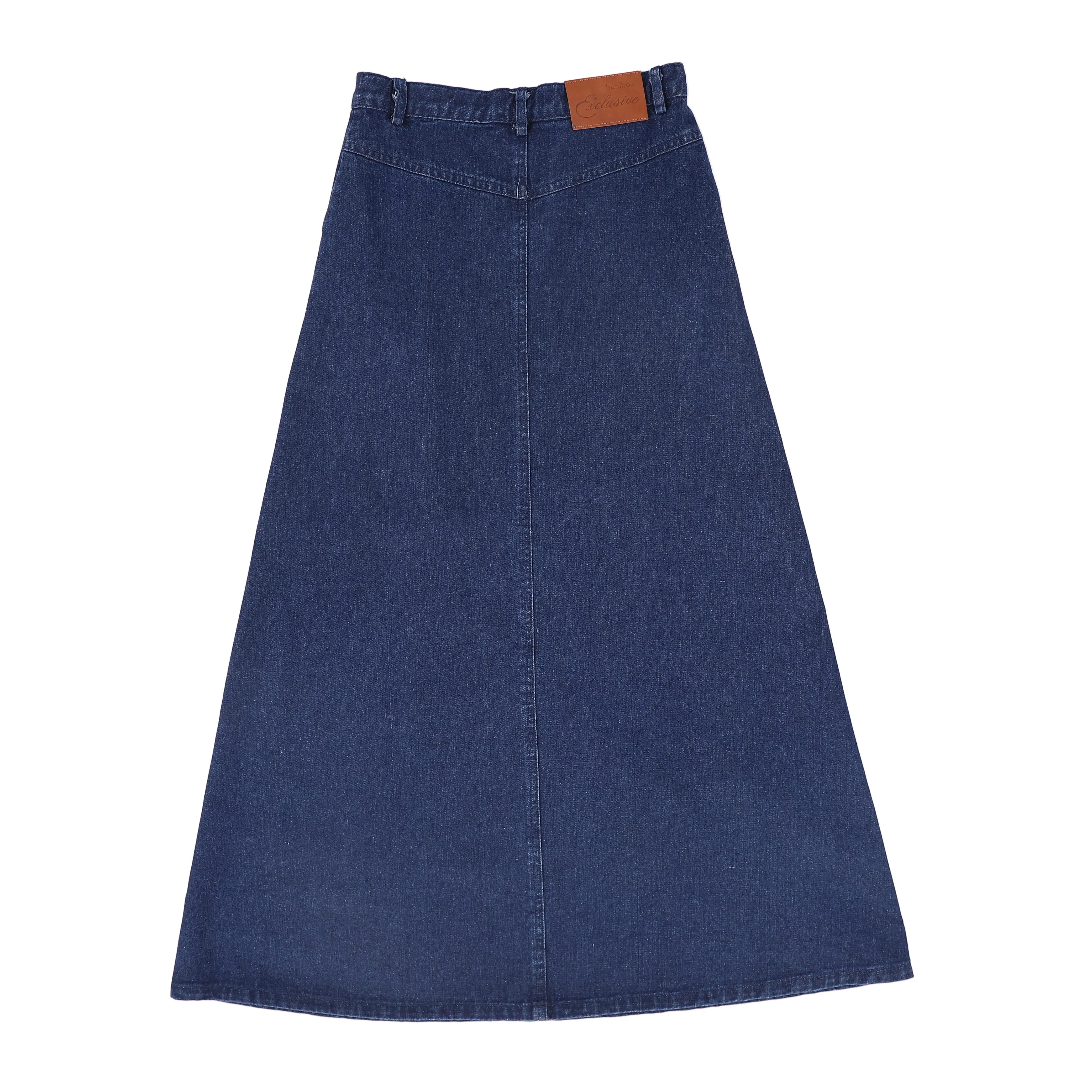 BAMBOO MID BLUE DENIM SIDE POCKET MAXI SKIRT - Image 2