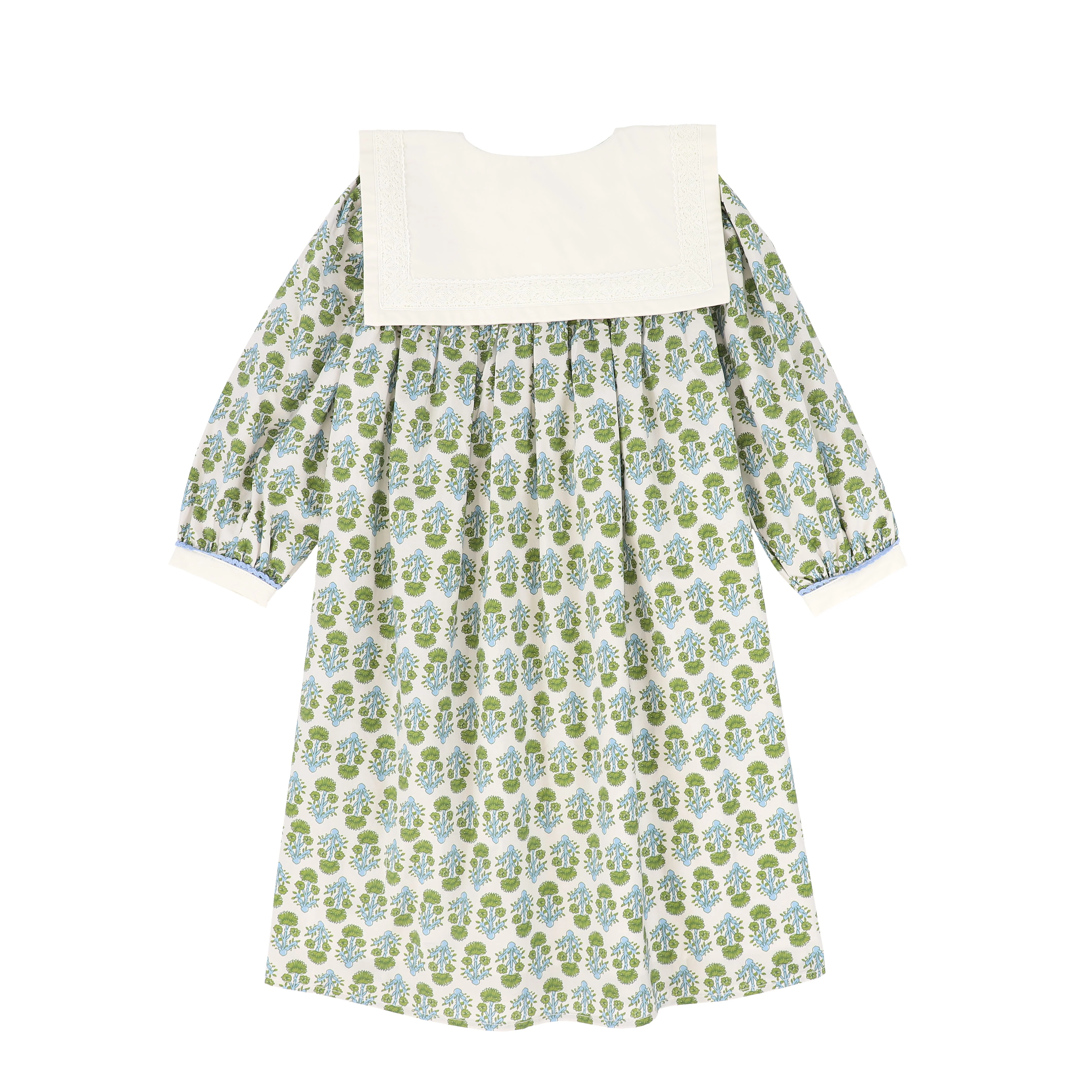 BAMBOO GREEN/BLUE FLOWER PRINT SMOCK LACE TRIM DRESS - Image 2