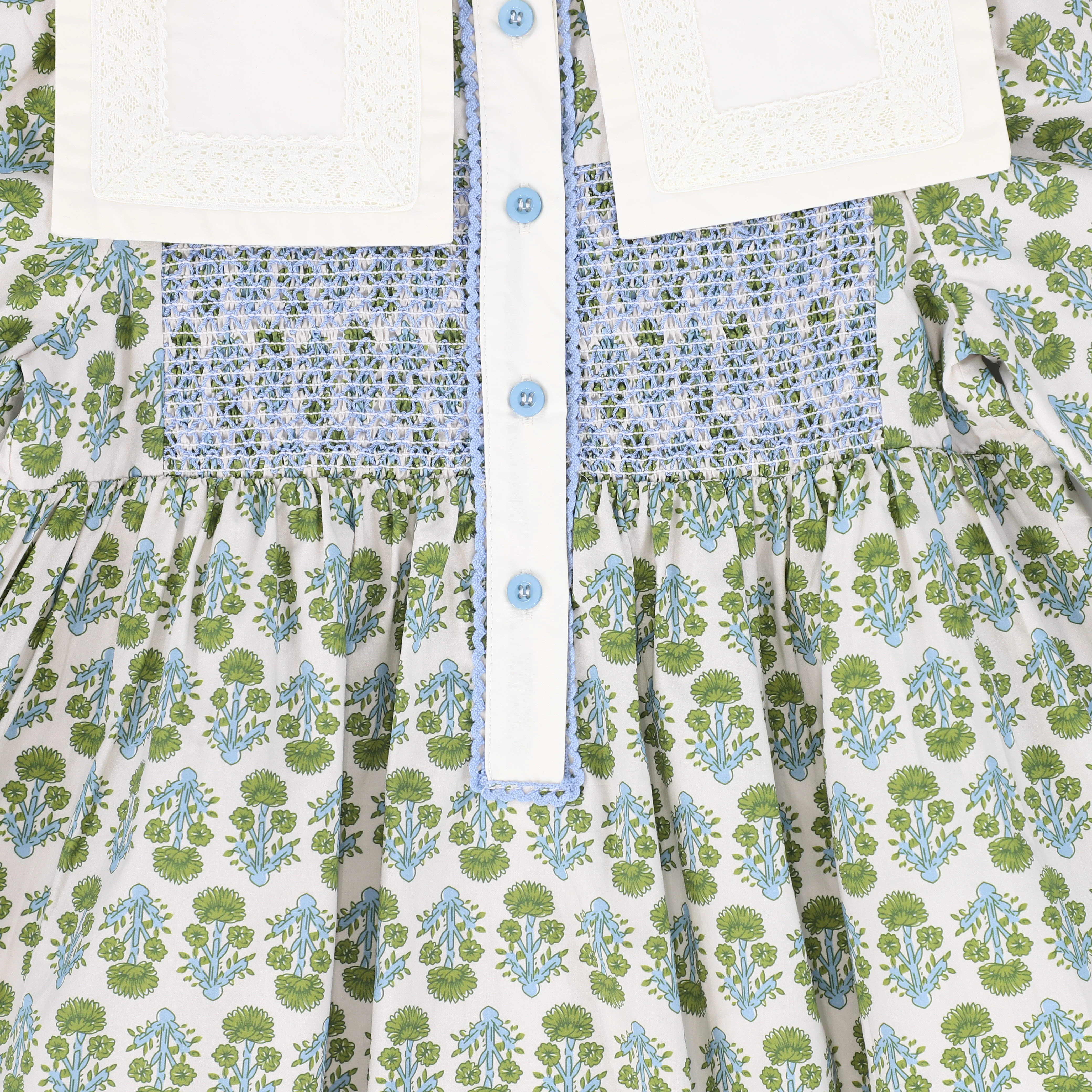 BAMBOO GREEN/BLUE FLOWER PRINT SMOCK LACE TRIM DRESS - Image 3