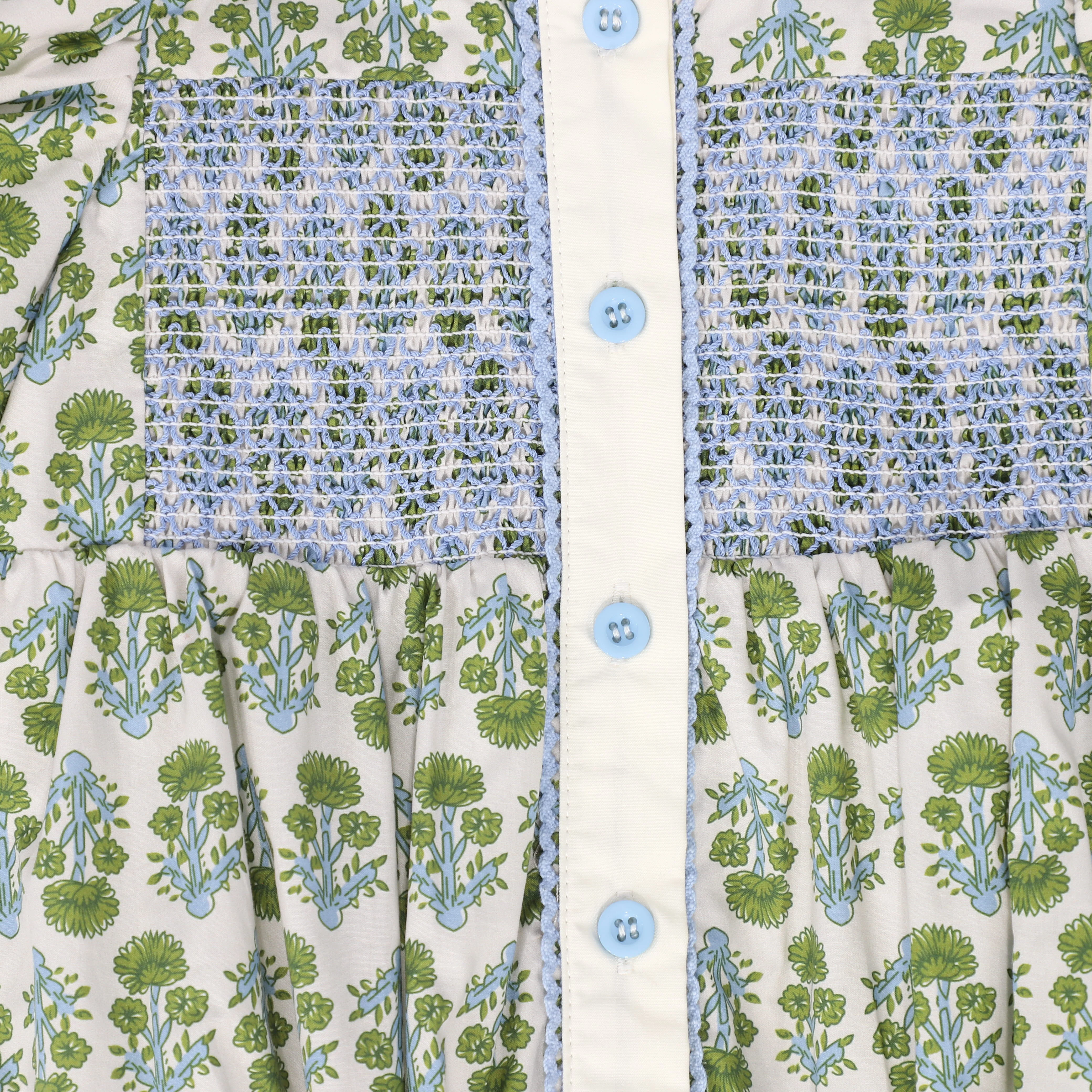 BAMBOO GREEN/BLUE FLOWER PRINT SMOCK ROMPER - Image 3