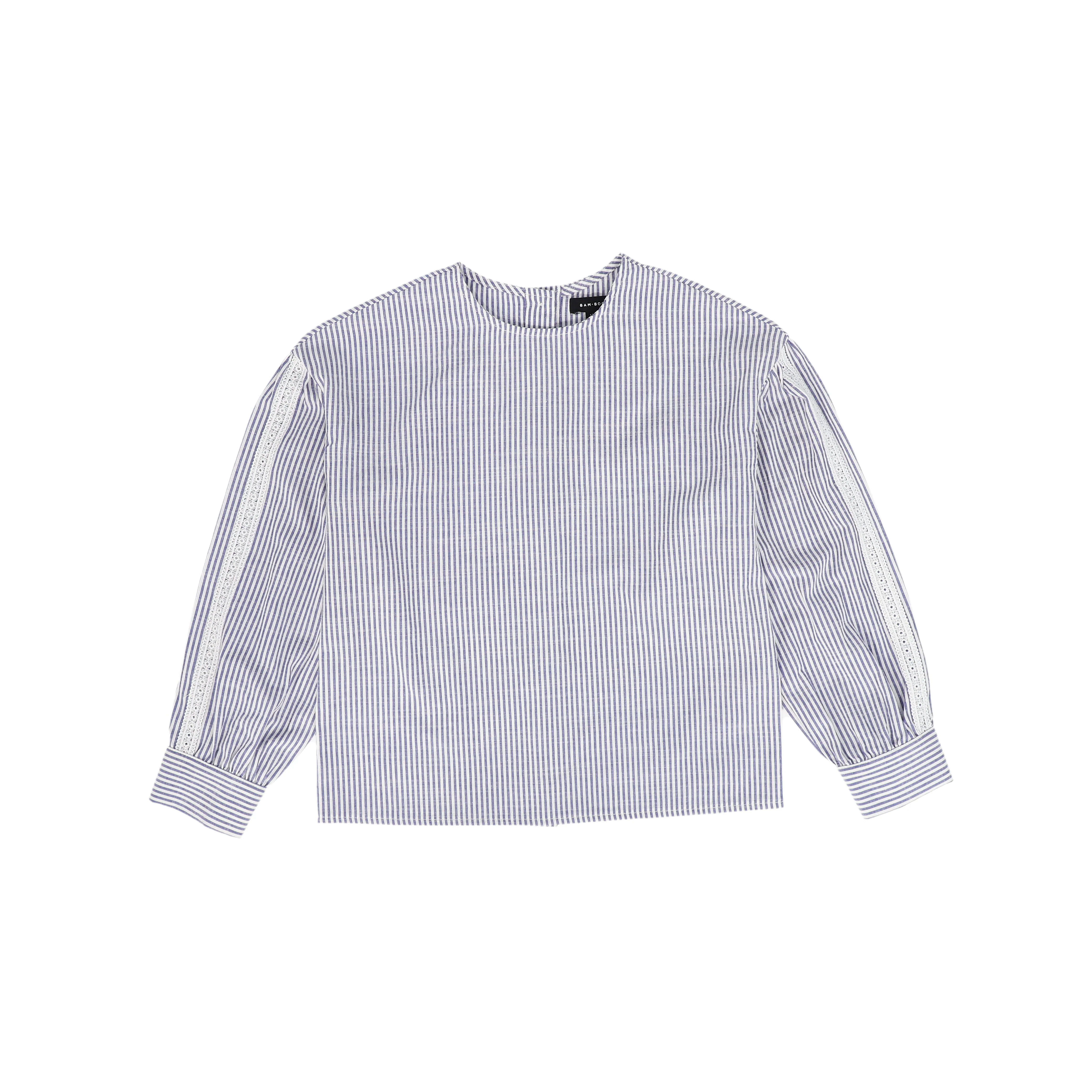 BAMBOO WHITE/BLUE STRIPED LACE TRIM SHIRT [FINAL SALE]