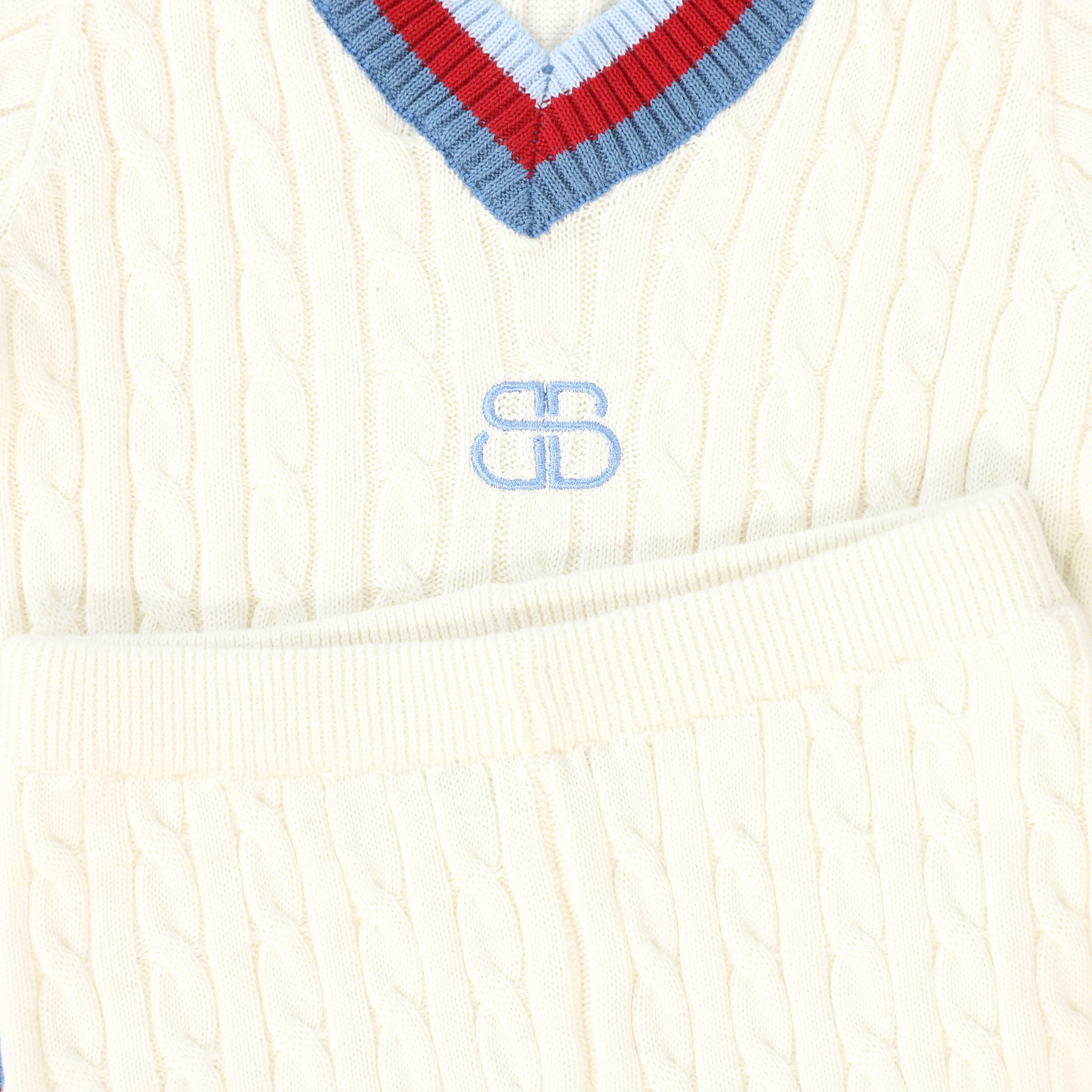 BAMBOO IVORY CABLE KNIT V NECK TRIM SWEATER SET - Image 2