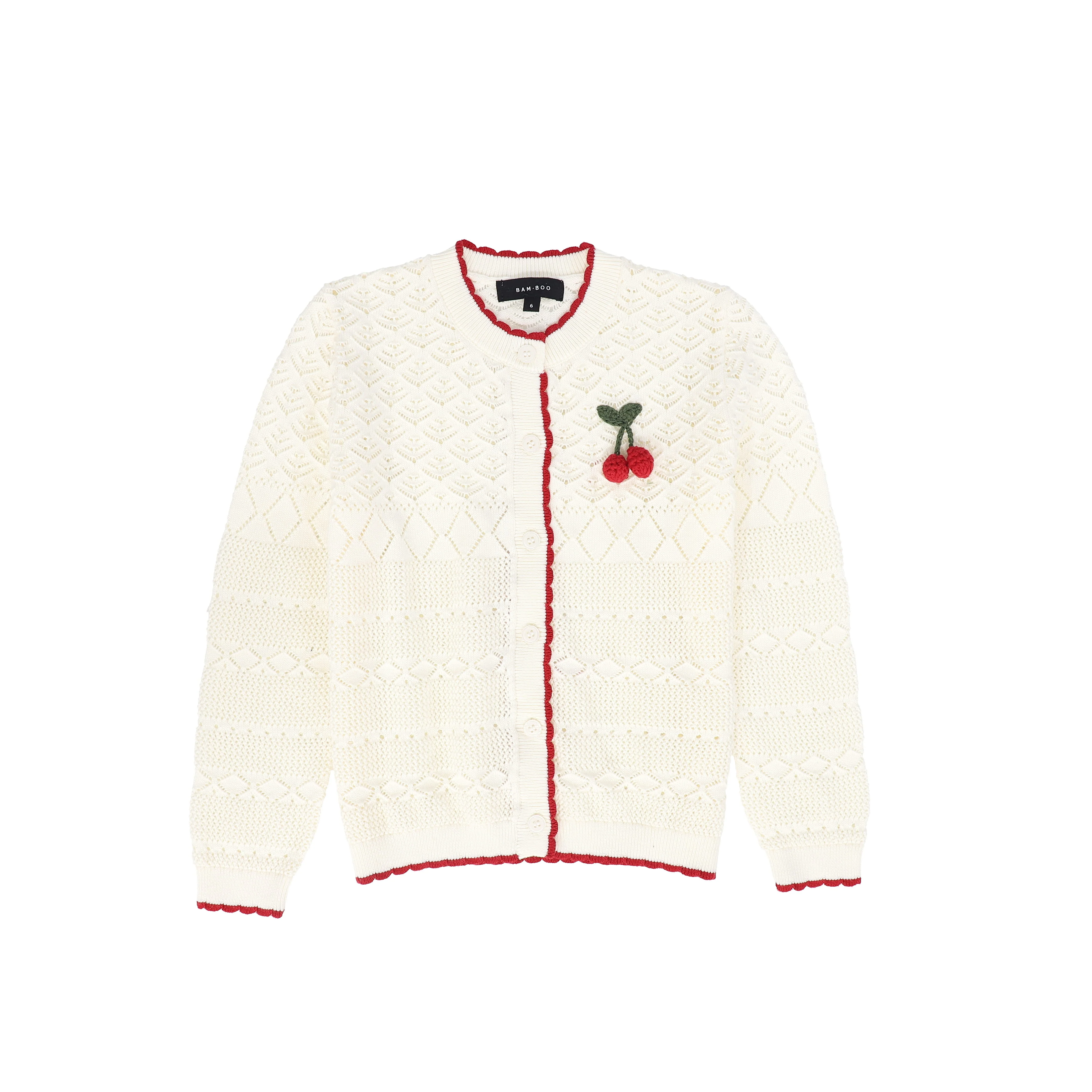 BAMBOO IVORY OPEN KNIT SCALLOP TRIM LS CARDIGAN