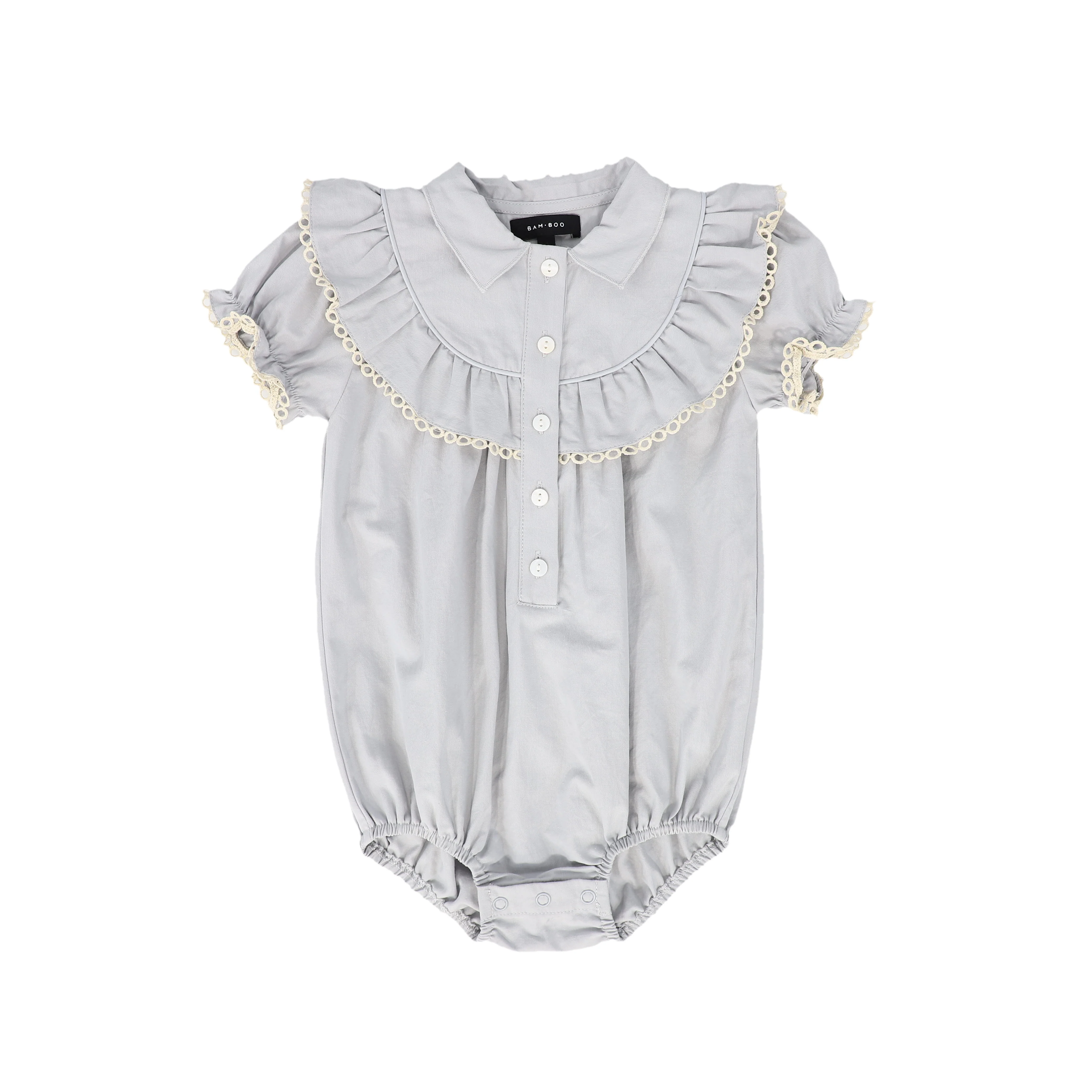 BAMBOO BLUE/GREY LACE TRIM ROMPER [FINAL SALE]