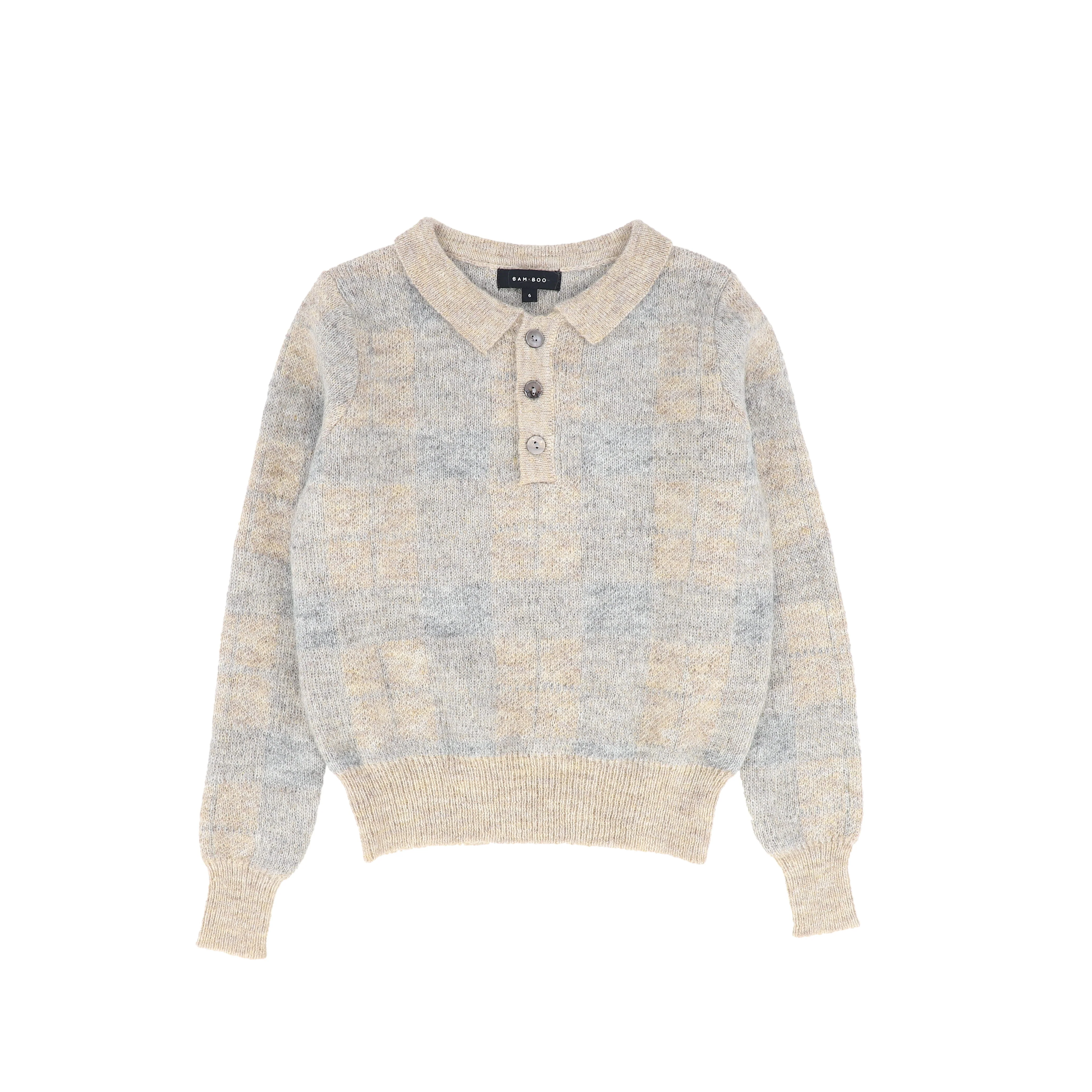 BAMBOO LIGHT GREY PLAID KNIT COLLAR SWEATER [FINAL SALE]