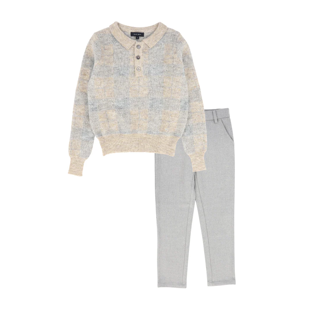 BAMBOO LIGHT GREY PLAID KNIT COLLAR SWEATER SET [FINAL SALE]