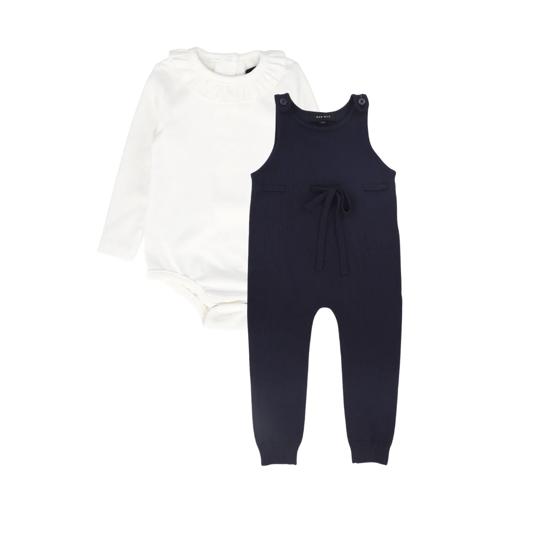 BAMBOO NAVY BOW KNIT OVERALLS SET [FINAL SALE]