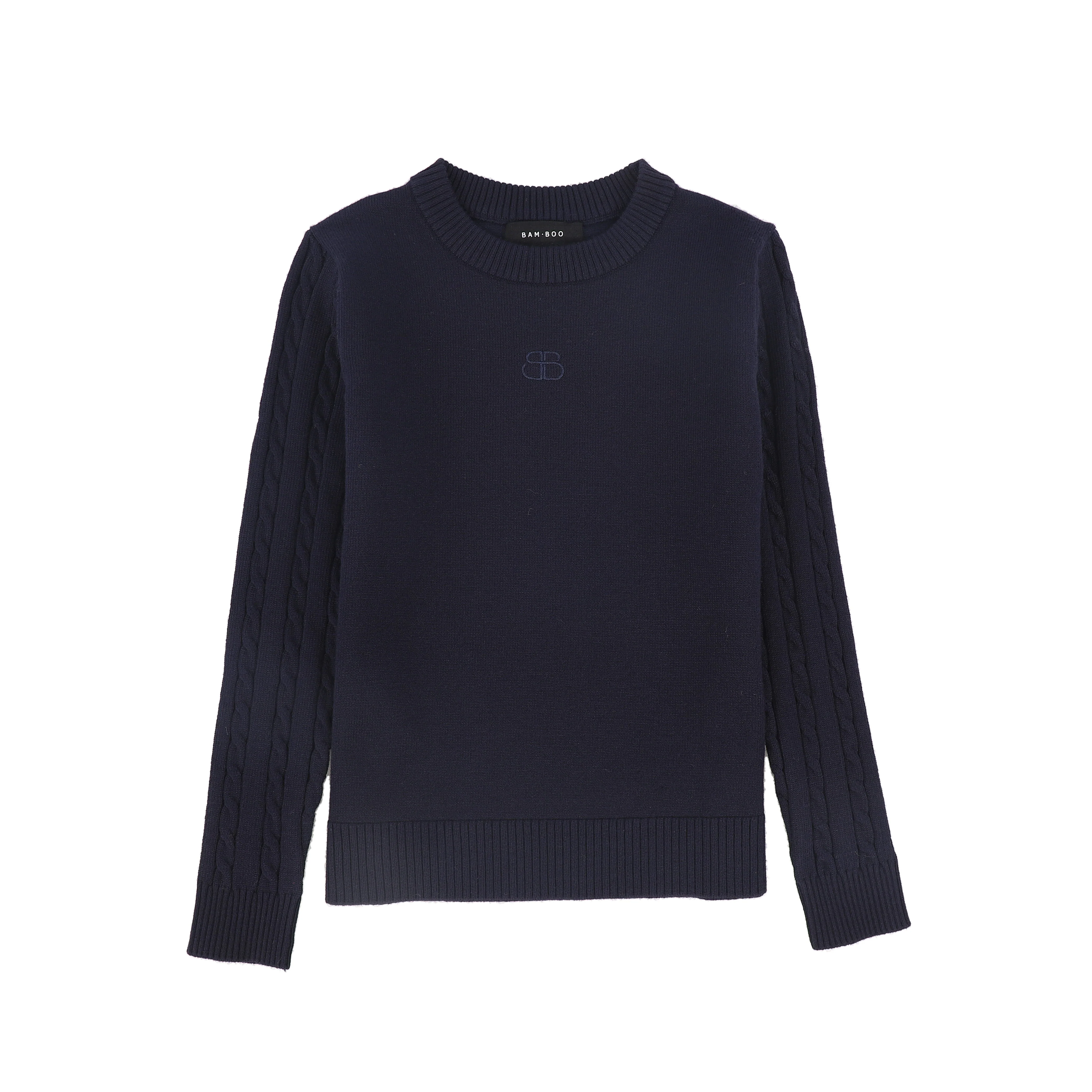 BAMBOO NAVY CABLE KNIT SLEEVE LOGO SWEATER [FINAL SALE]
