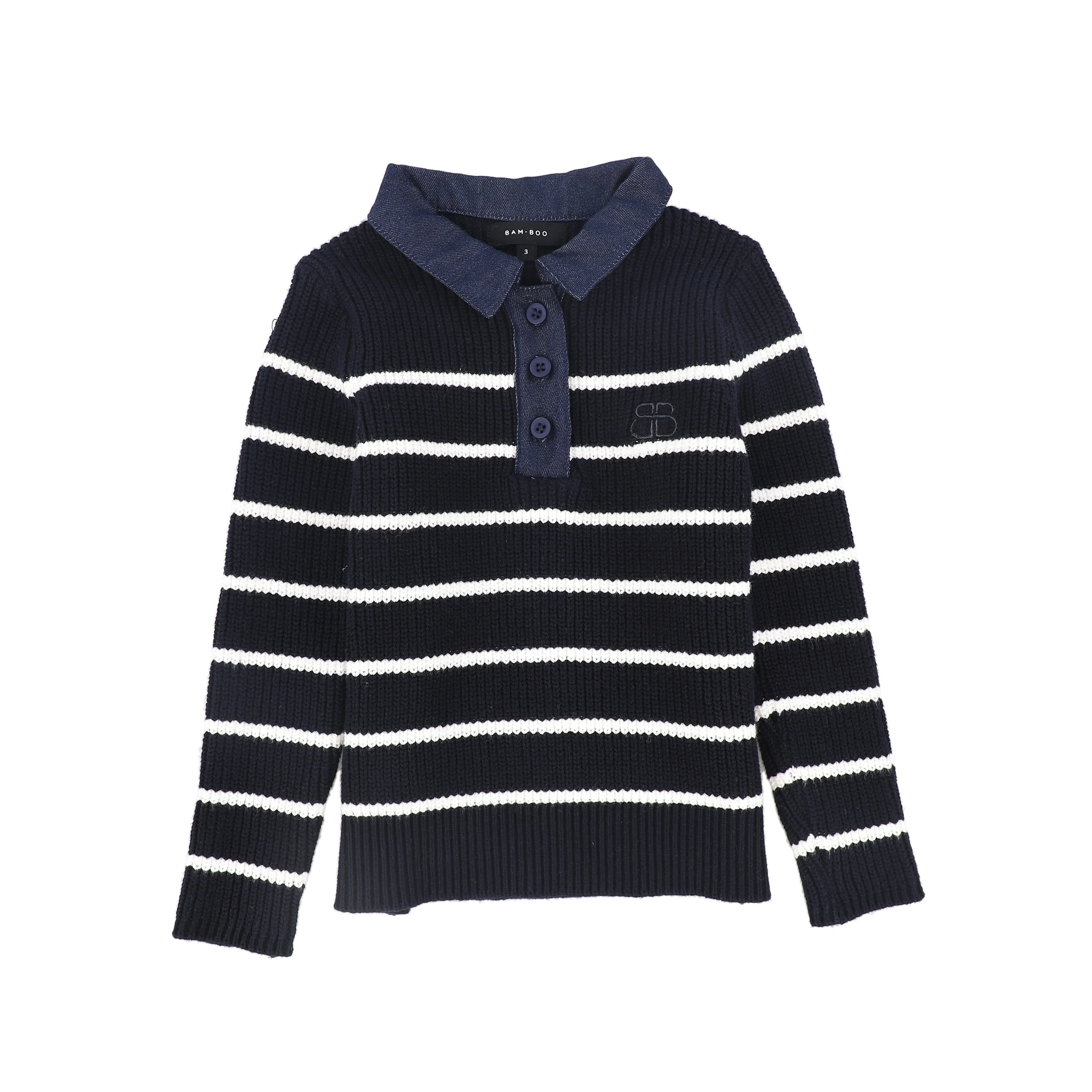 BAMBOO NAVY STRIPE KNIT DENIM COLLAR POLO [FINAL SALE]