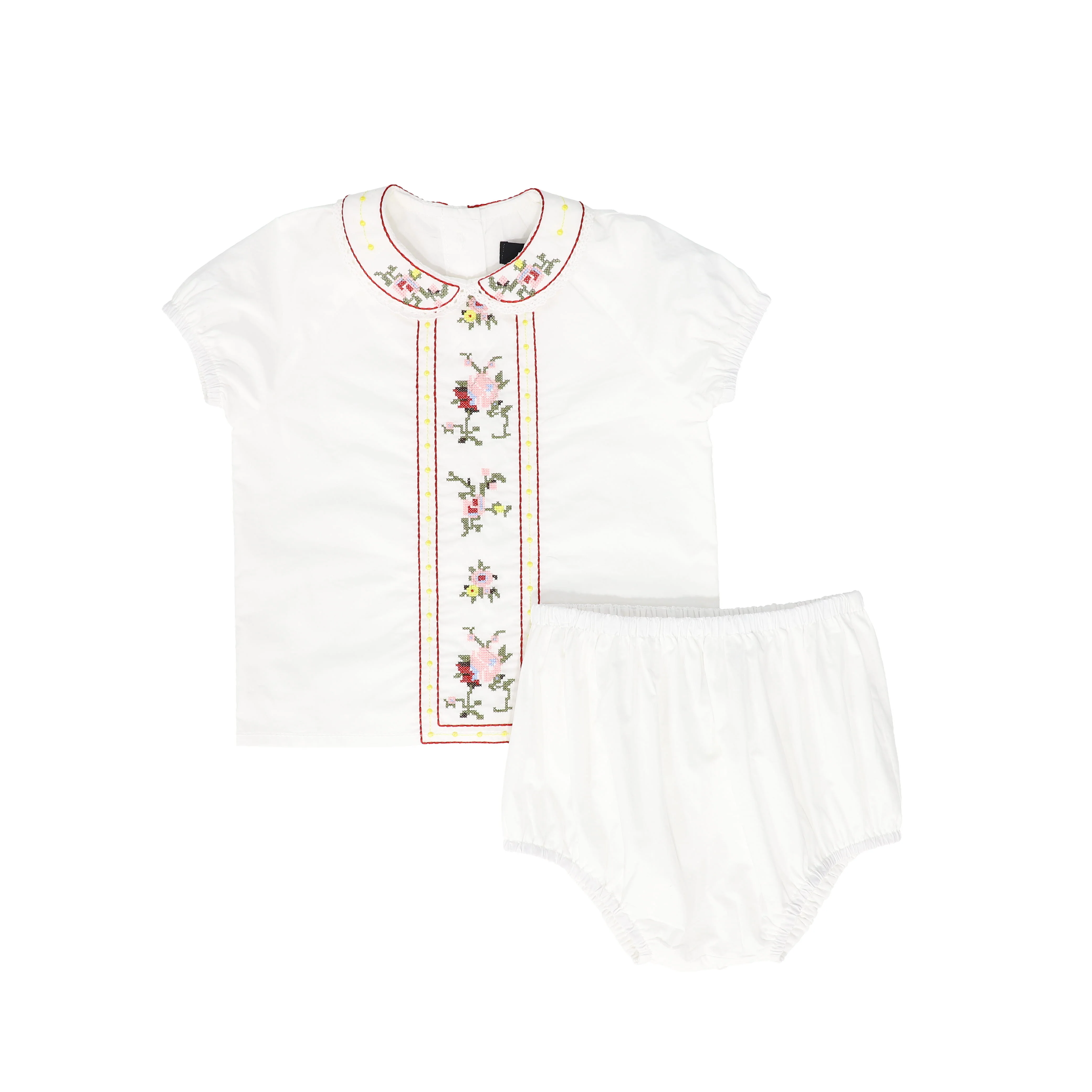 BAMBOO WHITE EMBROIDERED FLOWER TRIM BLOOMER SET