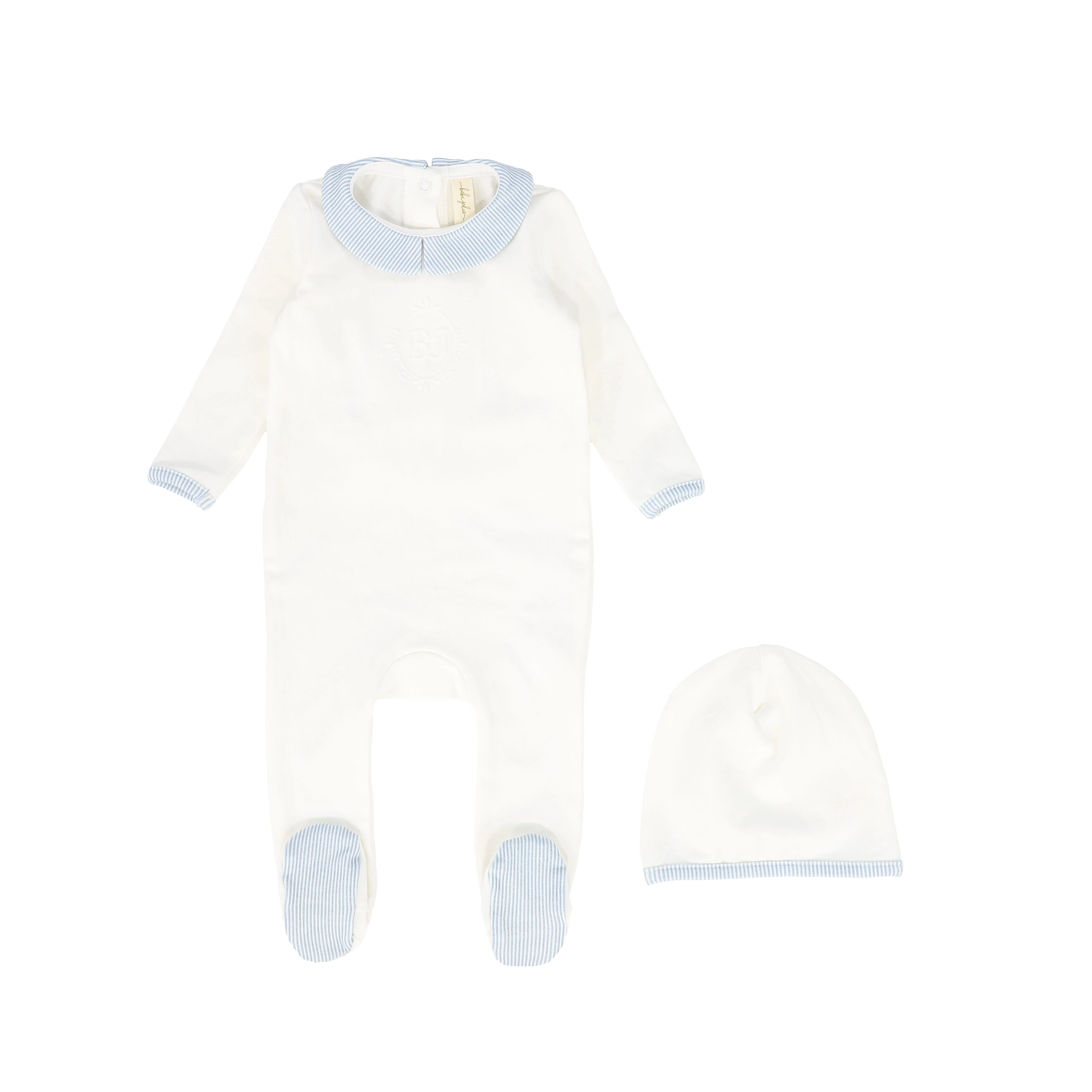 BEBE JOLEE BLUE STRIPE COLLAR MONOGRAM FOOTIE SET