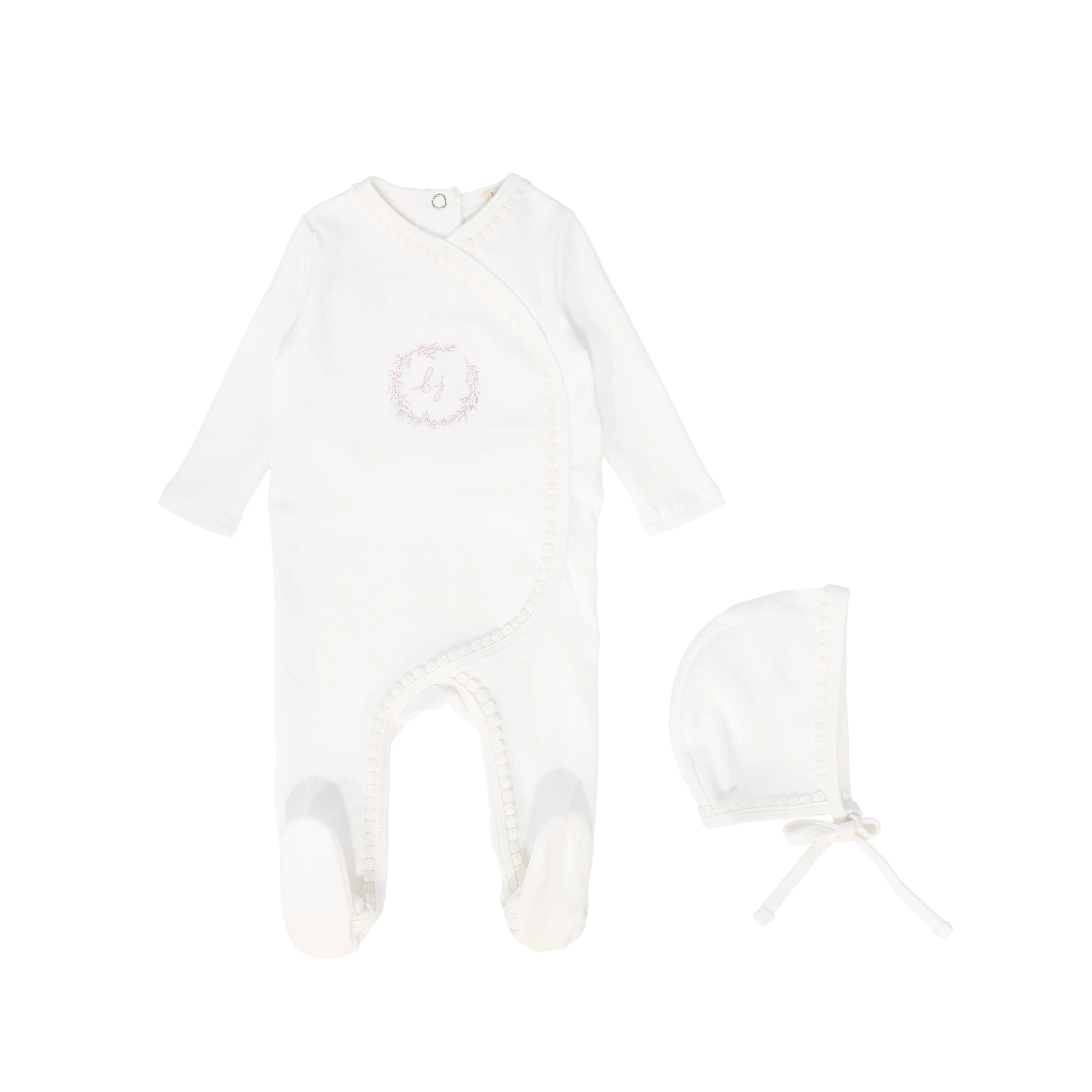 BEBE JOLEE WHITE/PINK EMBROIDERED WRAP TRIMMED FOOTIE