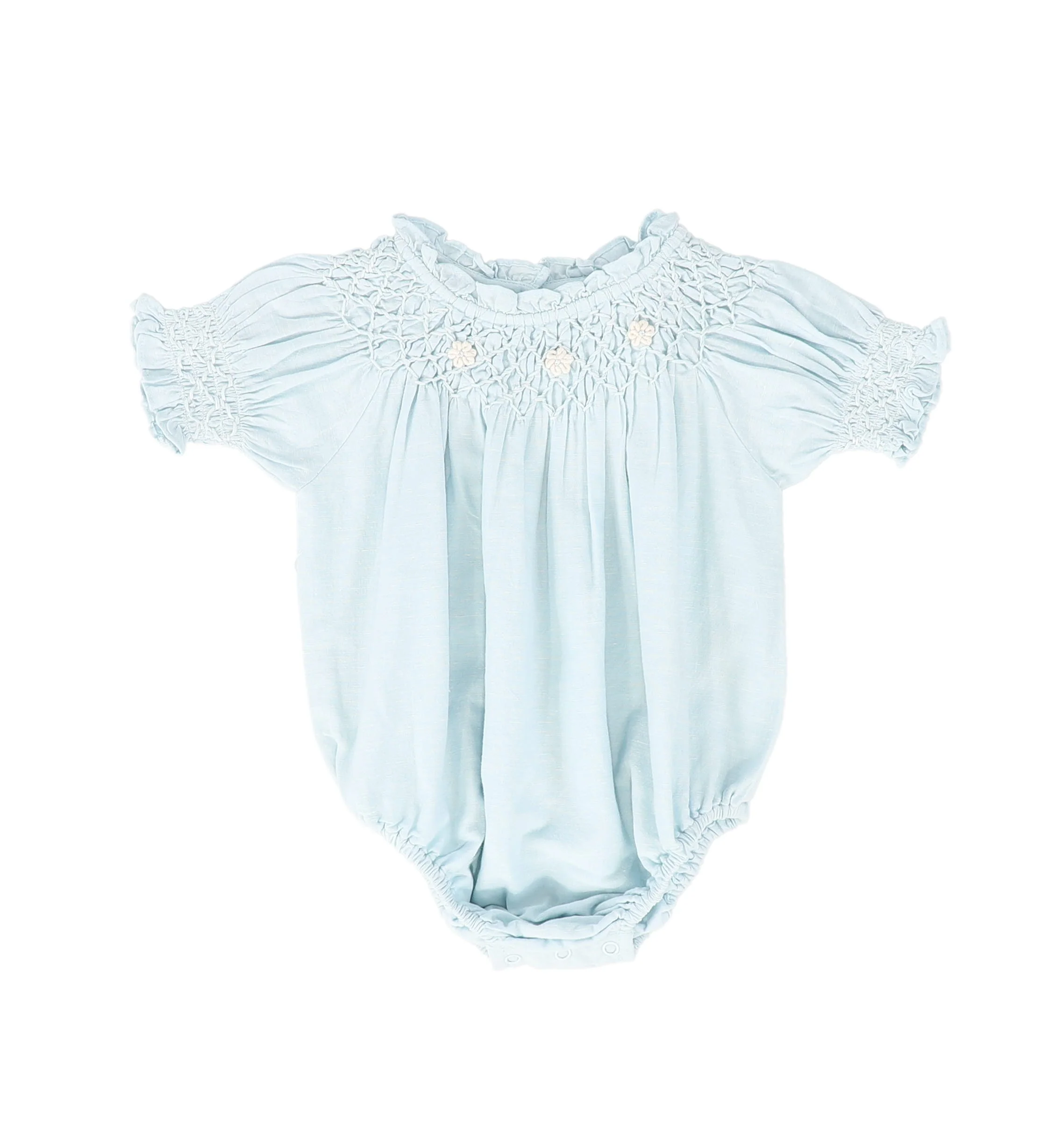BEBE ORGANIC PALE BLUE FLORAL EMBROIDERED ROMPER