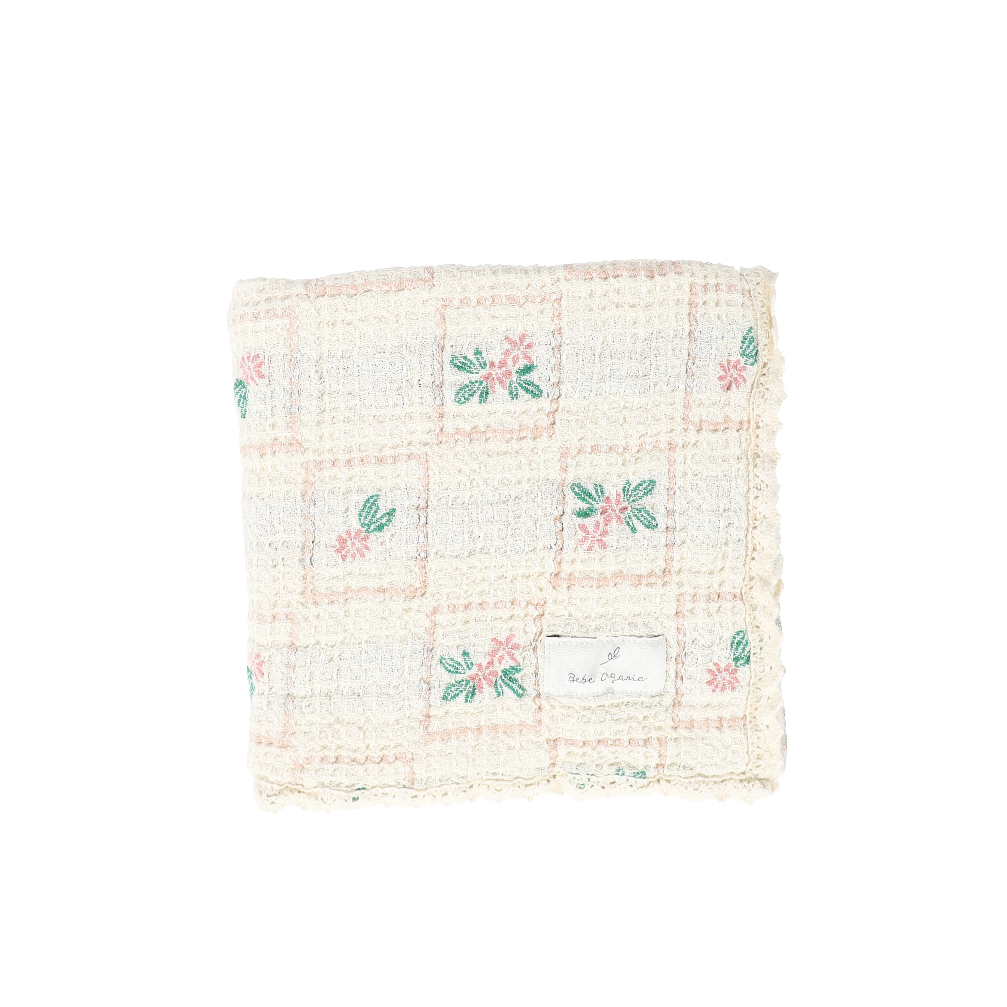 BEBE ORGANIC PINK/CREAM TULIP CHECKED WAFFLE BLANKET