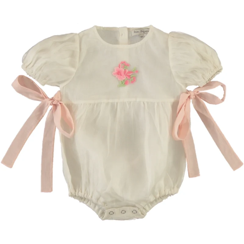 BEBE ORGANIC WHITE SILK PUFF SLEEVE BOW ROMPER