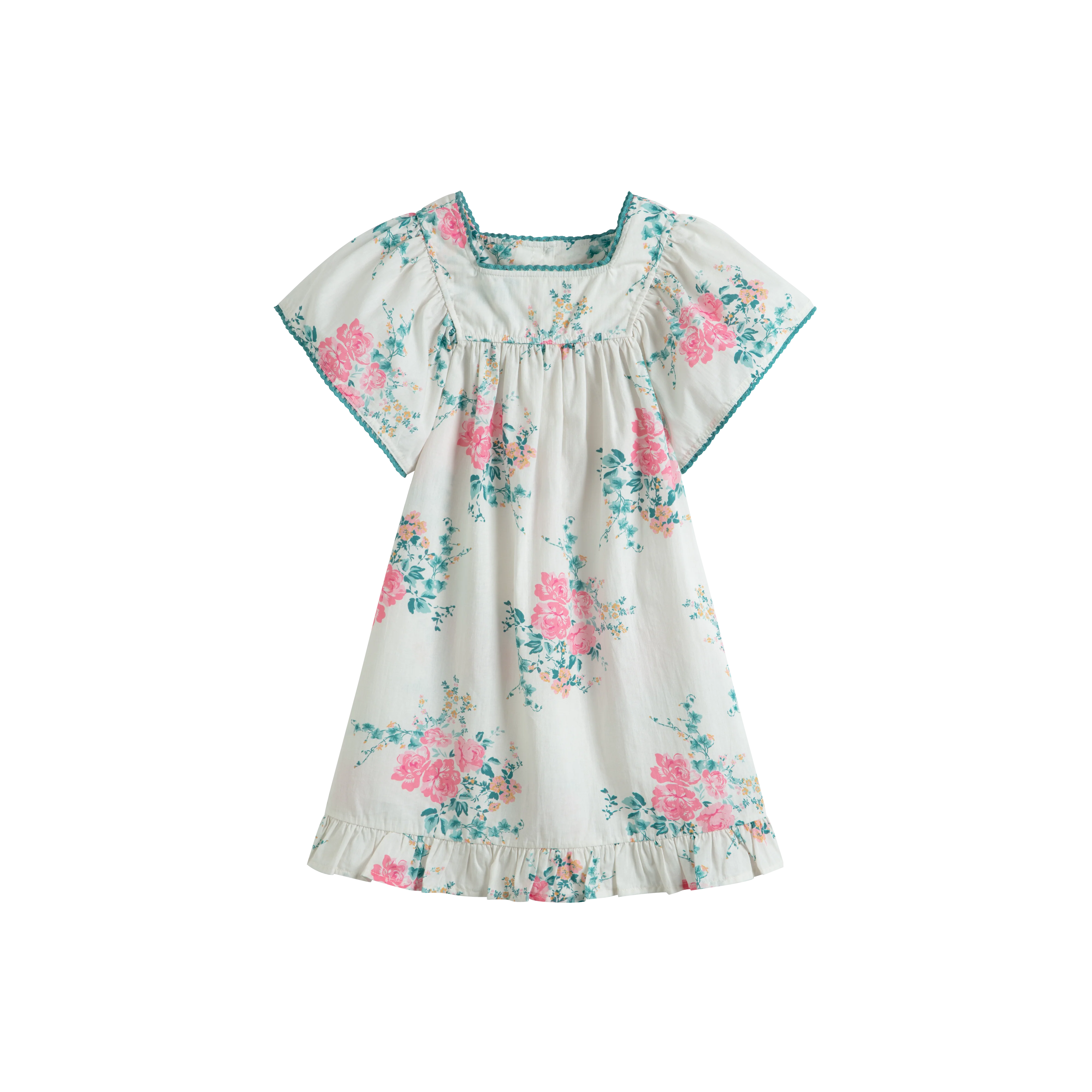 CERA UNA VOLTA BLUE/PINK ROSE CLUSTER BELL SLEEVE DRESS