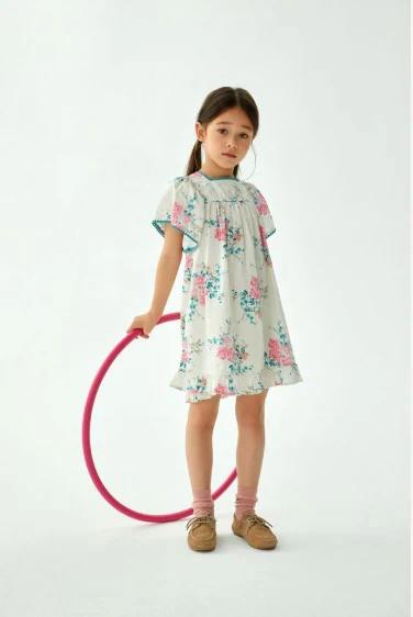 CERA UNA VOLTA BLUE/PINK ROSE CLUSTER BELL SLEEVE DRESS - Image 3