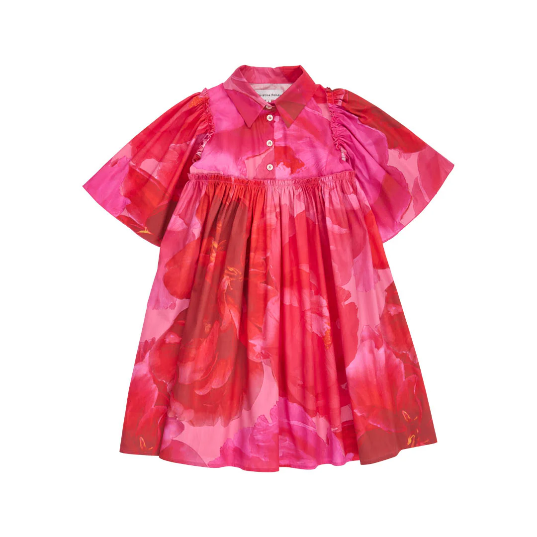 CHRISTINA ROHDE HOT PINK FLORAL FLUTTER SLEEVE DRESS