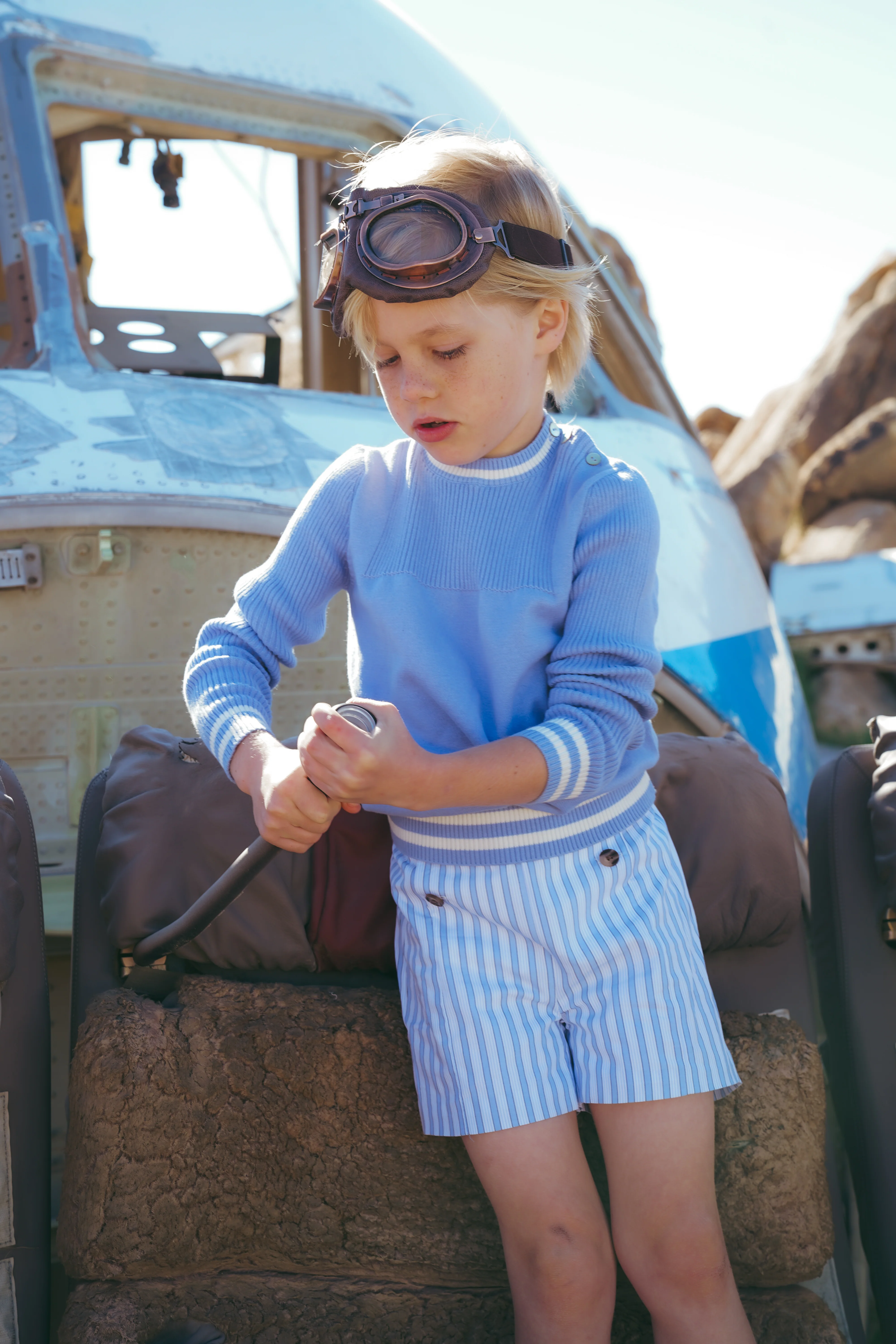 COCO BLANC BLUE STRIPE BUTTON SHORTS - Image 2