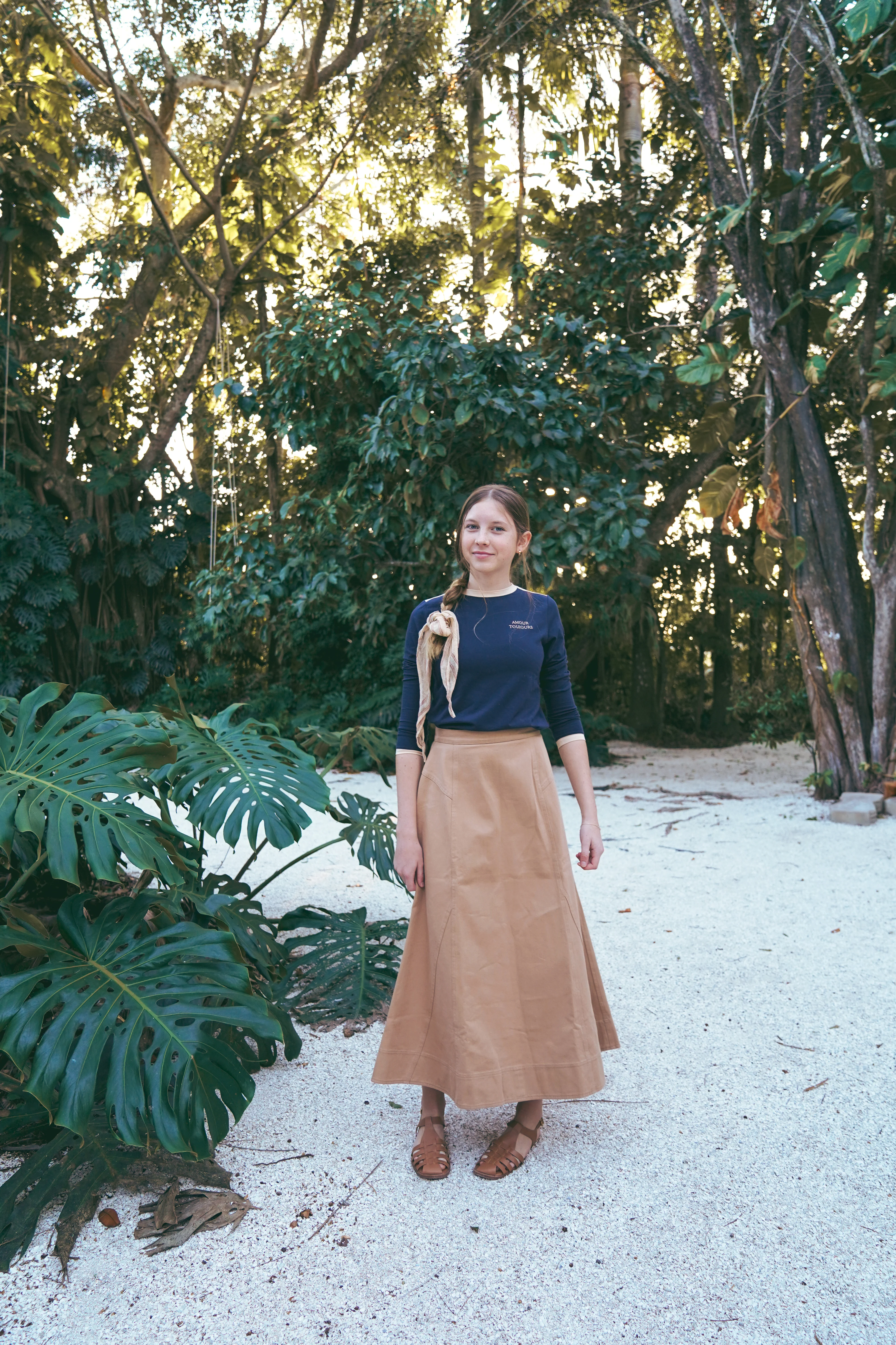 COCO BLANC TAN DENIM STITCHED MIDI SKIRT - Image 2