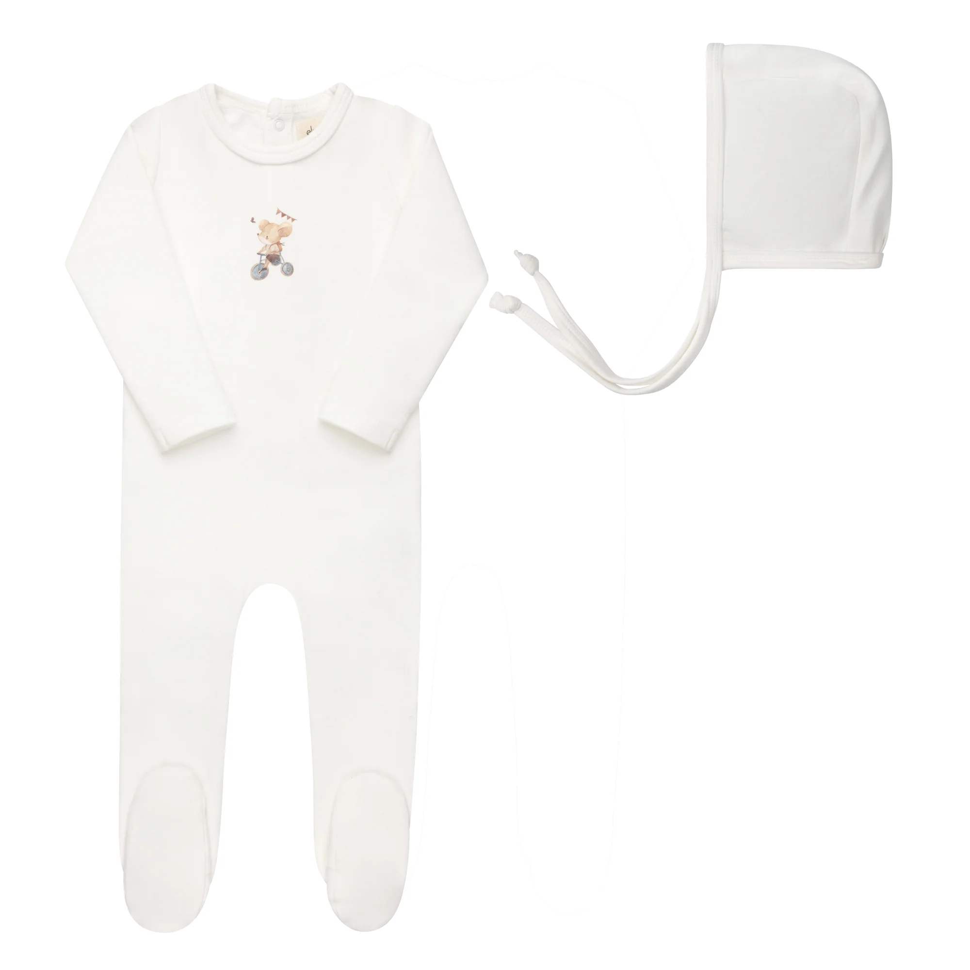 ELYS & CO IVORY/BLUE FRENCH TERRY FOOTIE + BONNET