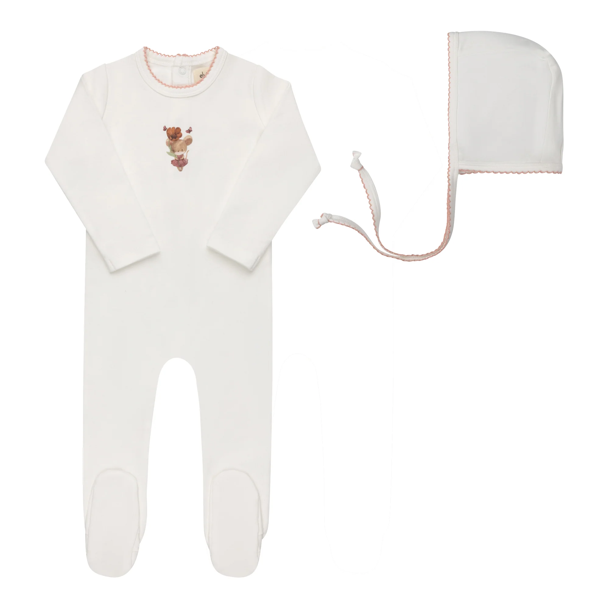 ELYS & CO IVORY/PINK FRENCH TERRY FOOTIE + BONNET