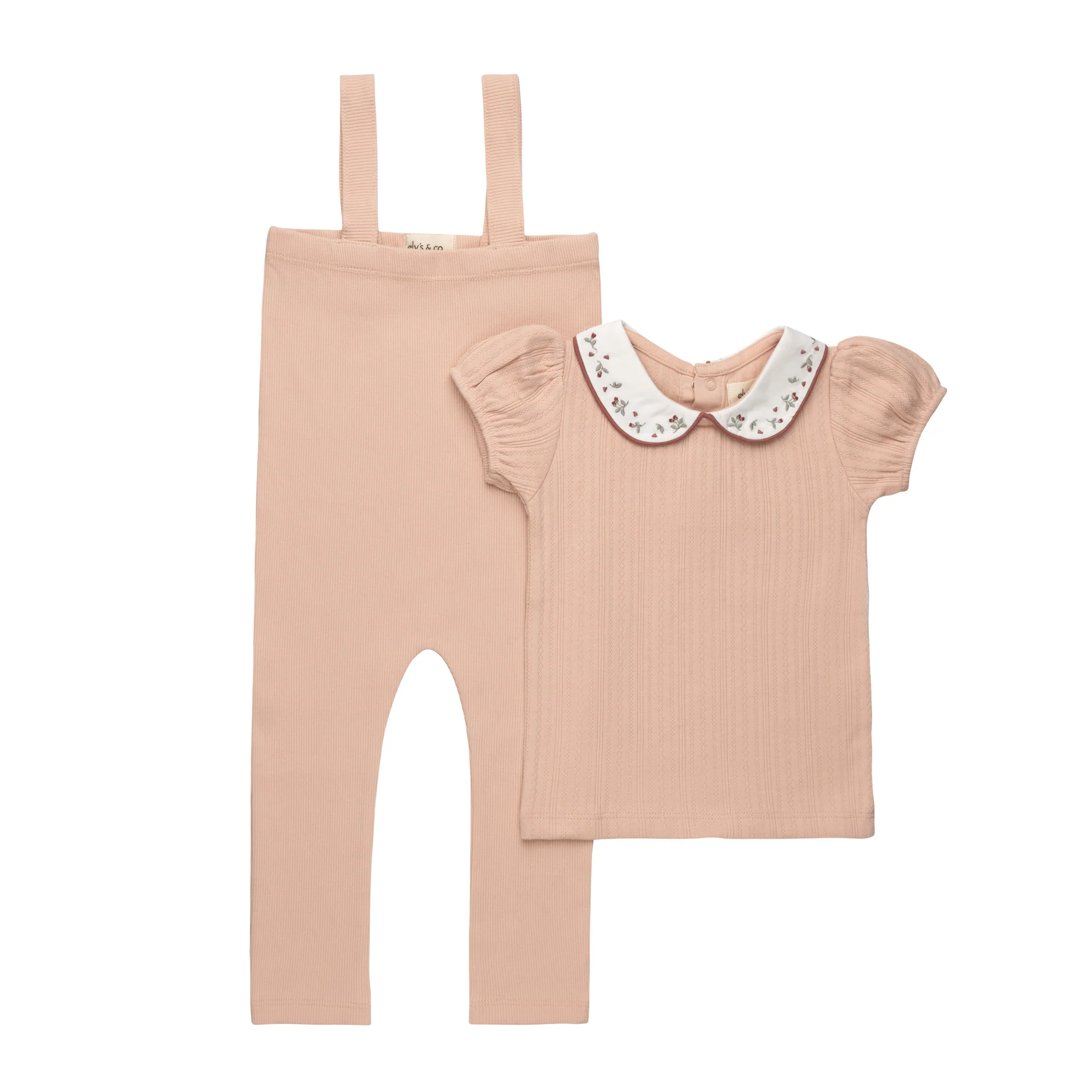 ELYS & CO PINK FLORAL EMBROIDERED OVERALL SET