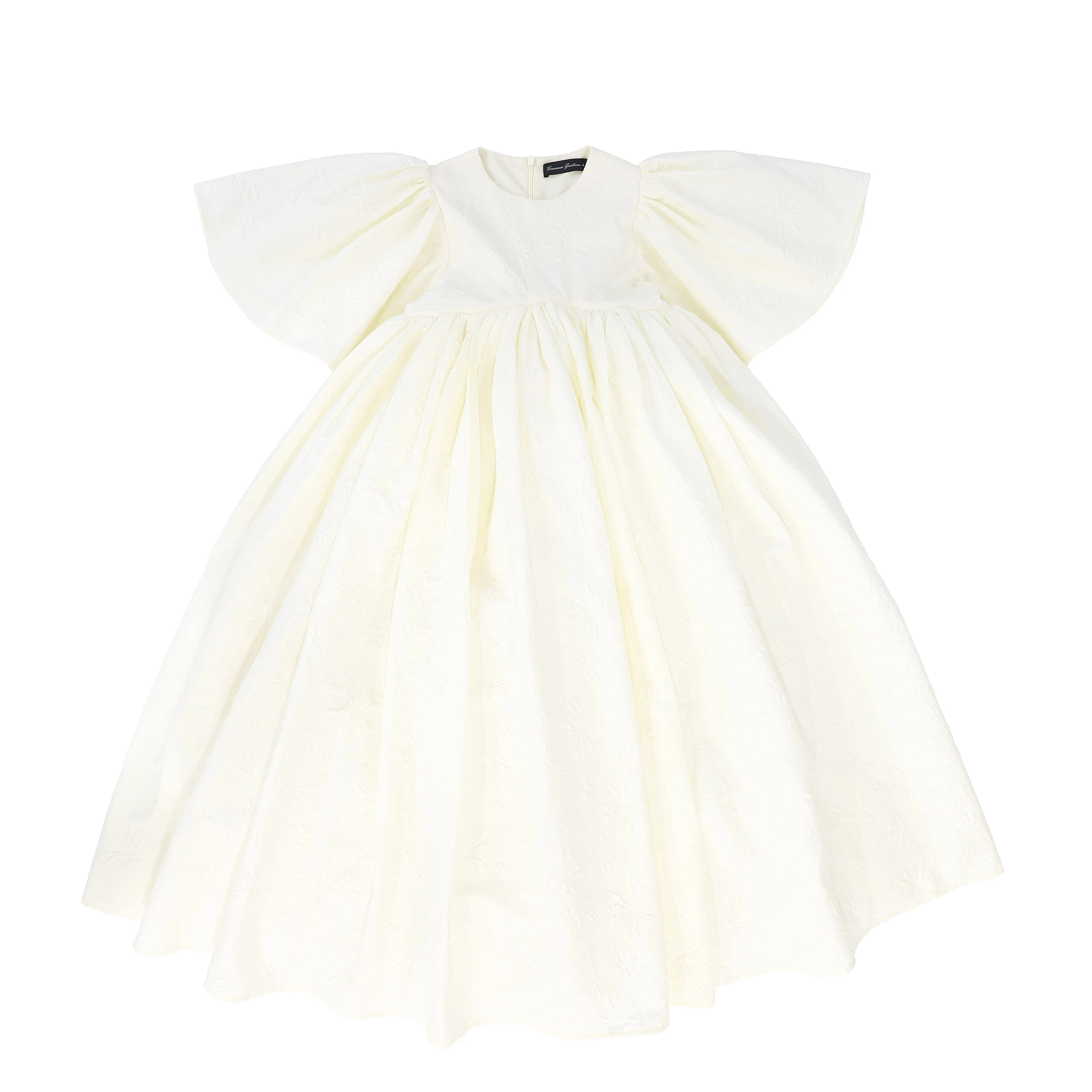 FRANCESCA GUILIANO CREAM EMBOSSED FLOWER HIGH WAIST FLUTTER SLEEVE GOWN