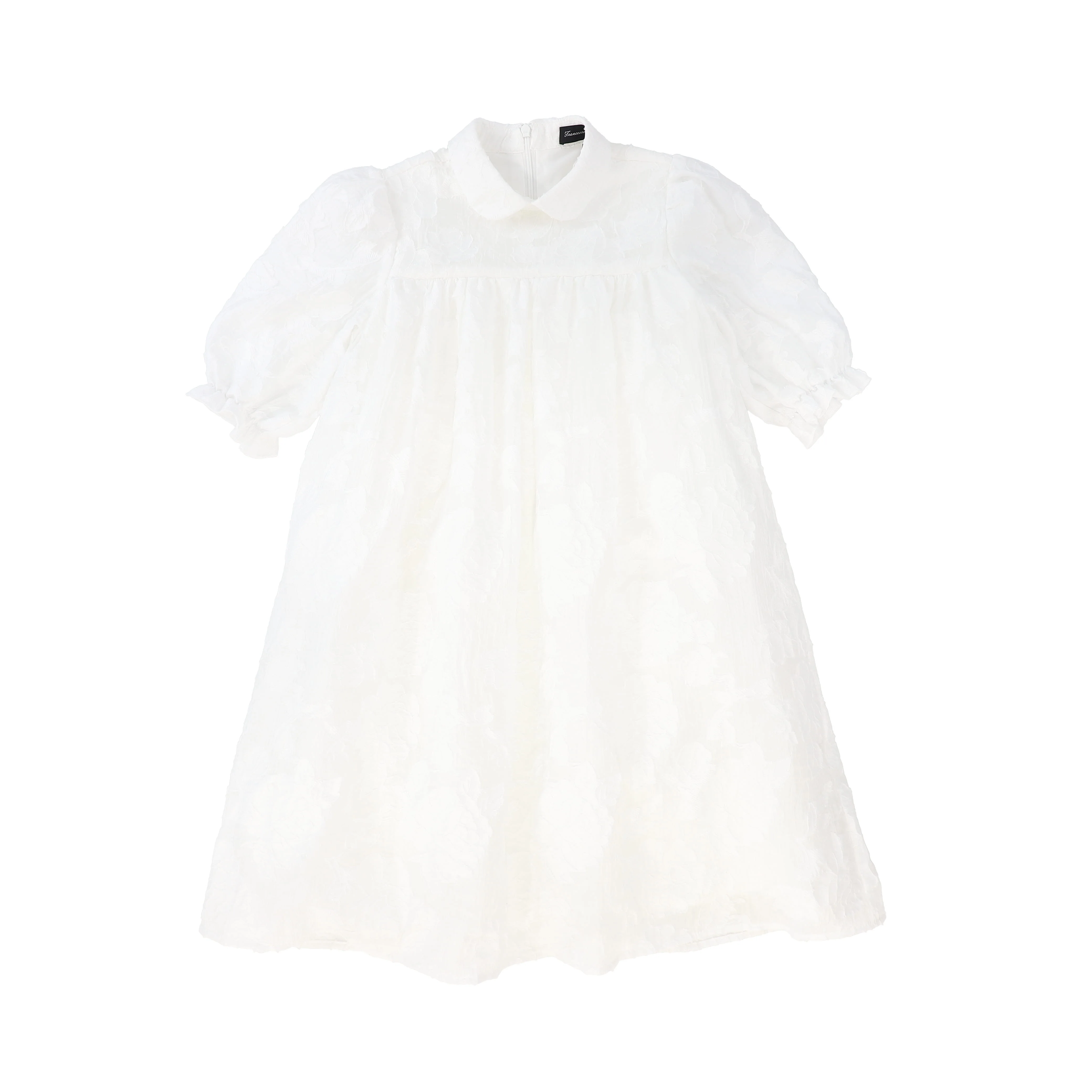 FRANCESCA GUILIANO IVORY FLOWER TEXTURED ORGANZA PUFF SLEEVE DRESS
