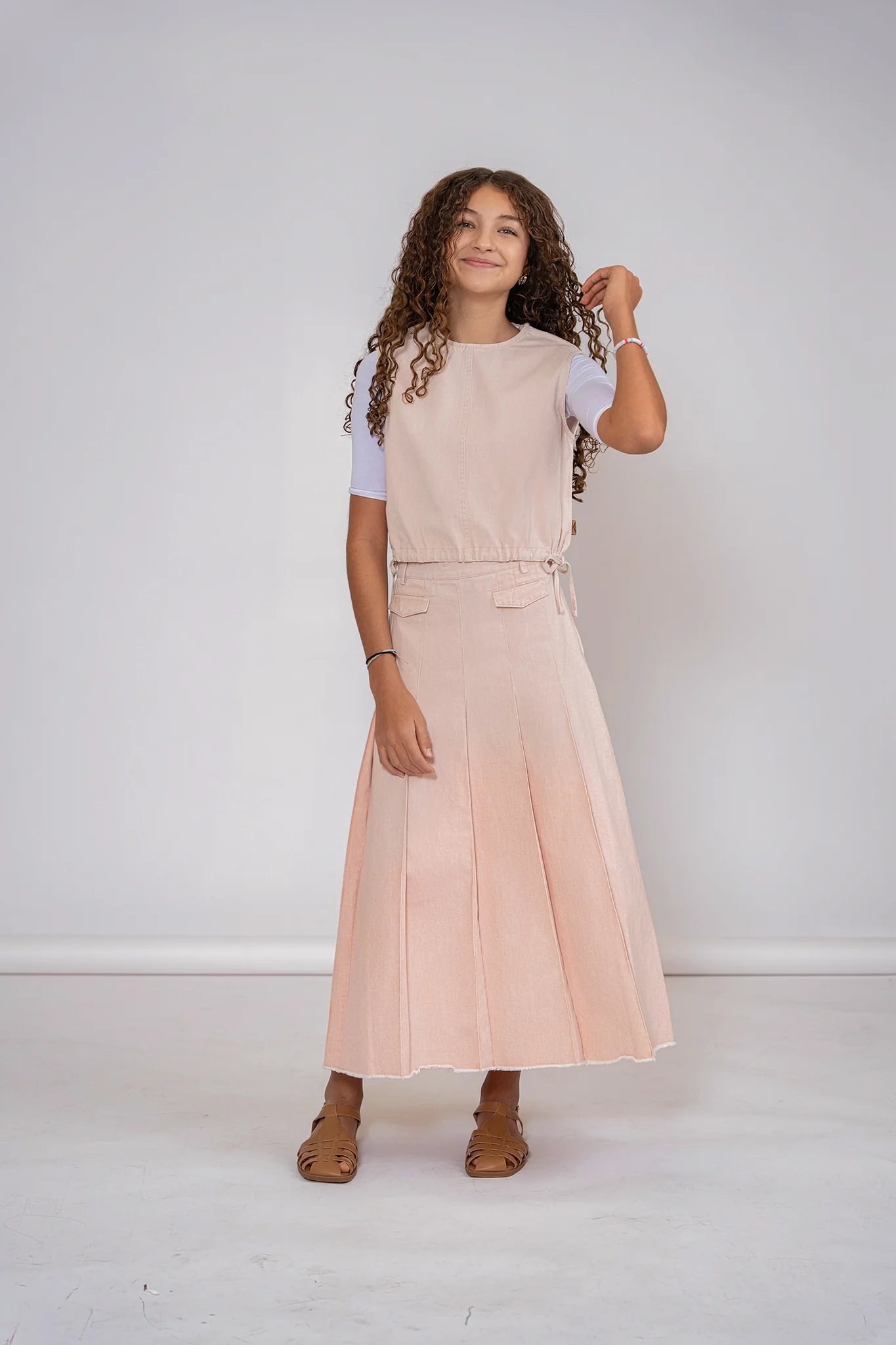 KIX LIGHT PINK DENIM FRINGE HEM PLEAT SKIRT - Image 2