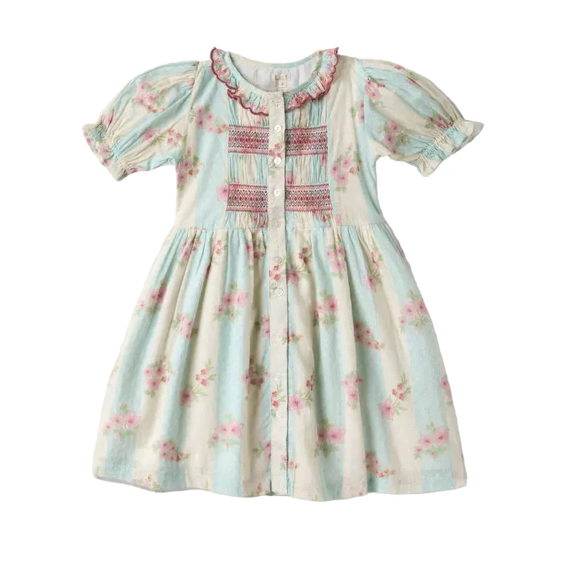 LALI KIDS MINT/PINK FLORAL SMOCK PUFF SLEEVE DRESS