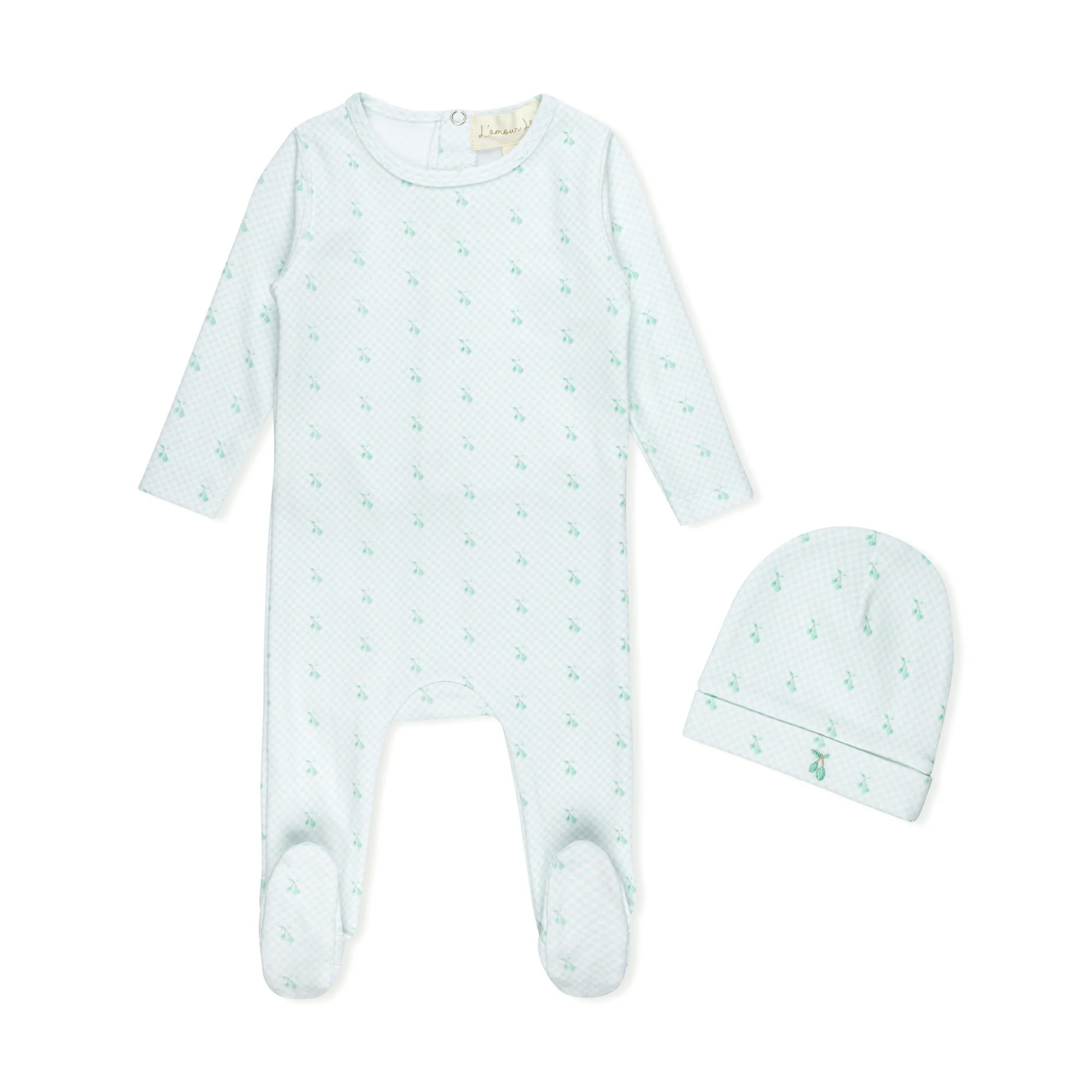 LAMOUR LOU MINT CHECKED CHERRY FOOTIE + BEANIE