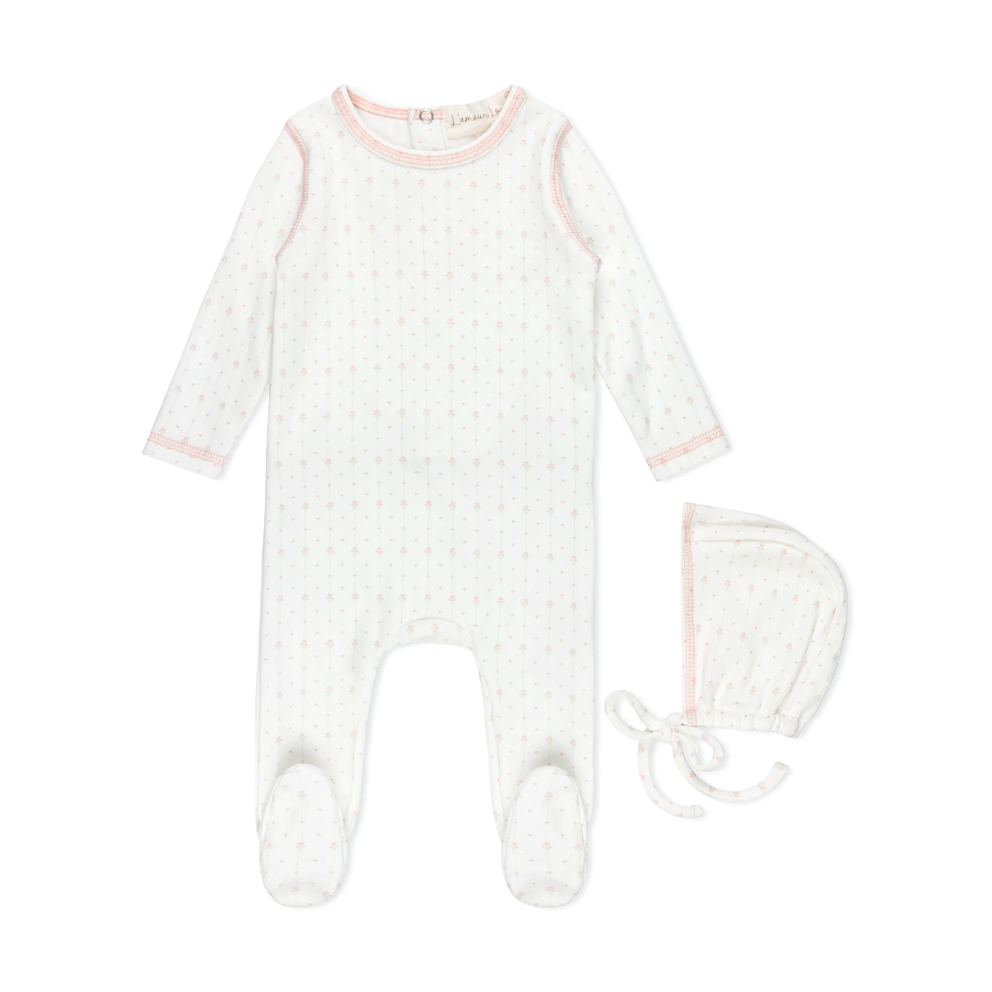LAMOUR LOU PINK STRIPE FLORAL FOOTIE + BONNET