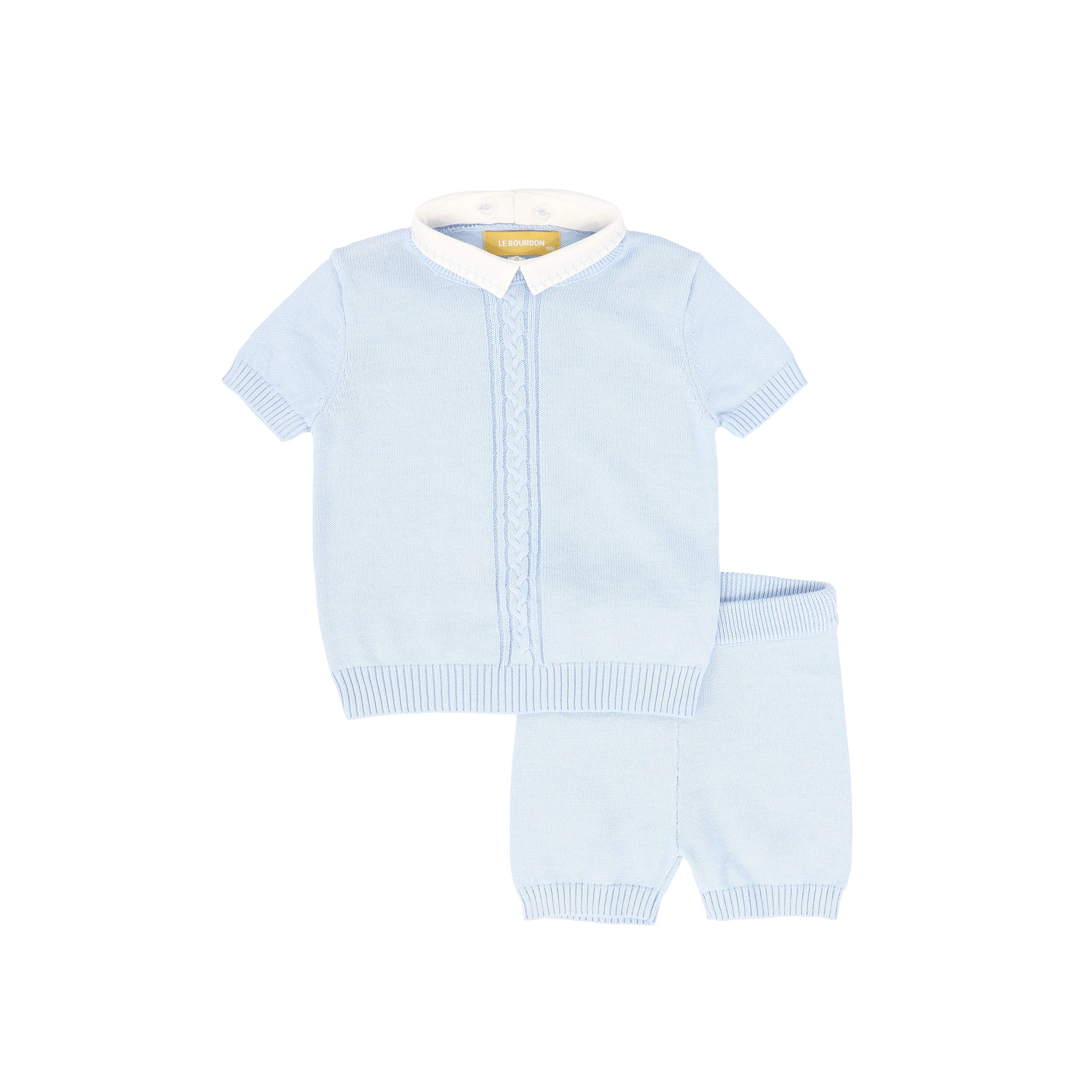 LE BOURDON BLUE KNIT CABLE STRIPE COLLAR SWEATER SET
