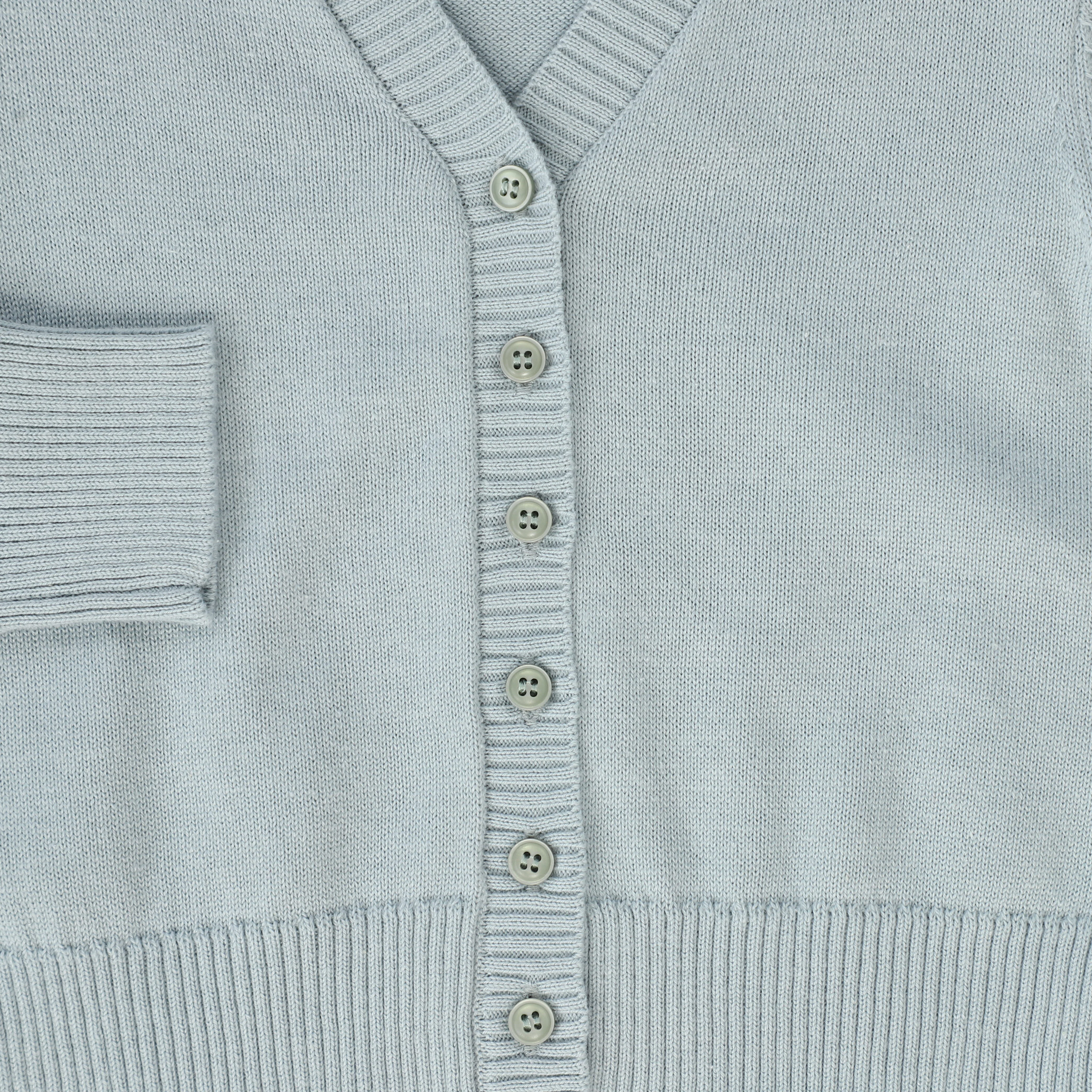 LE BOURDON DUSTY BLUE V-NECK FINE KNIT RIBBED TRIM CARDIGAN - Image 3