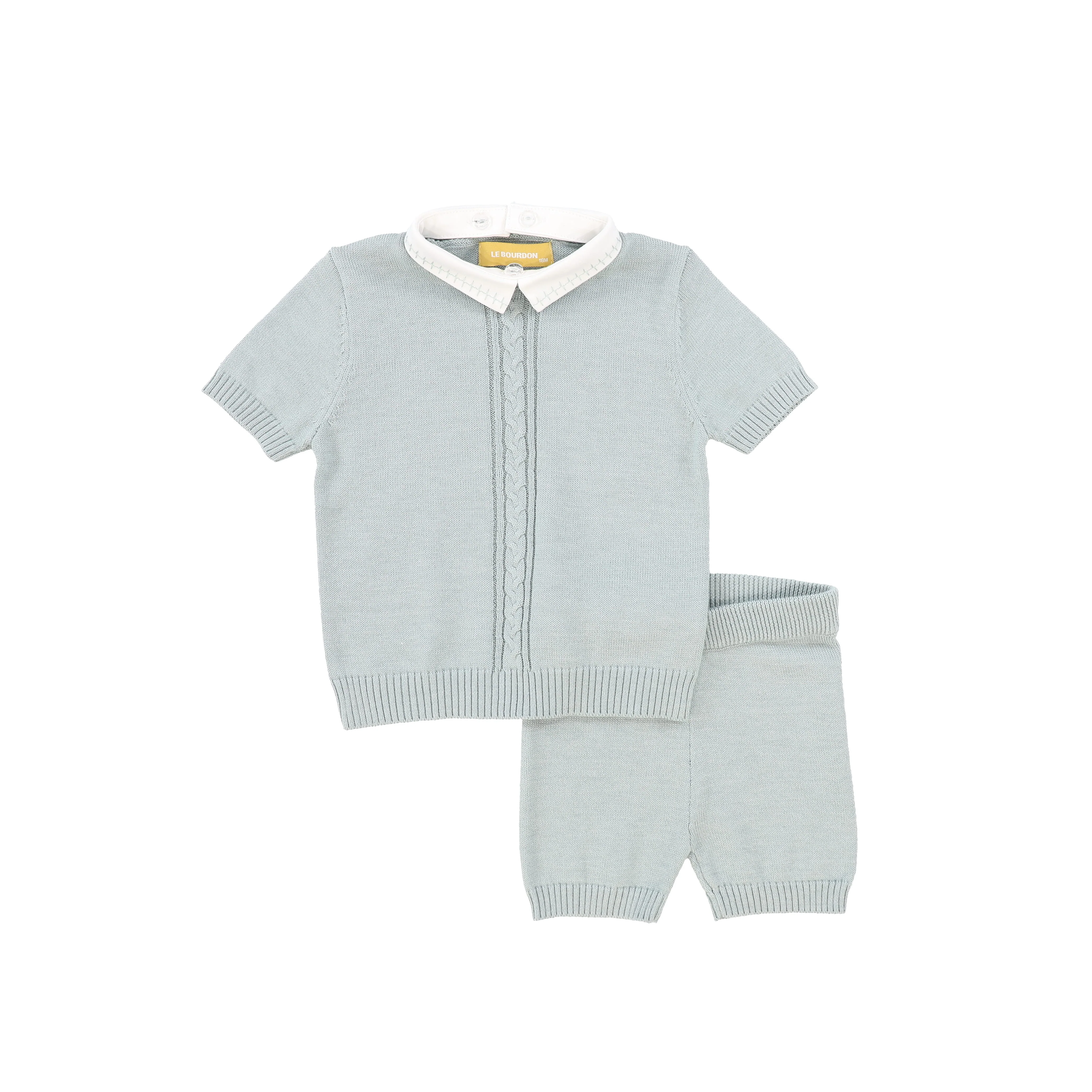 LE BOURDON GREEN KNIT CABLE STRIPE COLLAR SWEATER SET