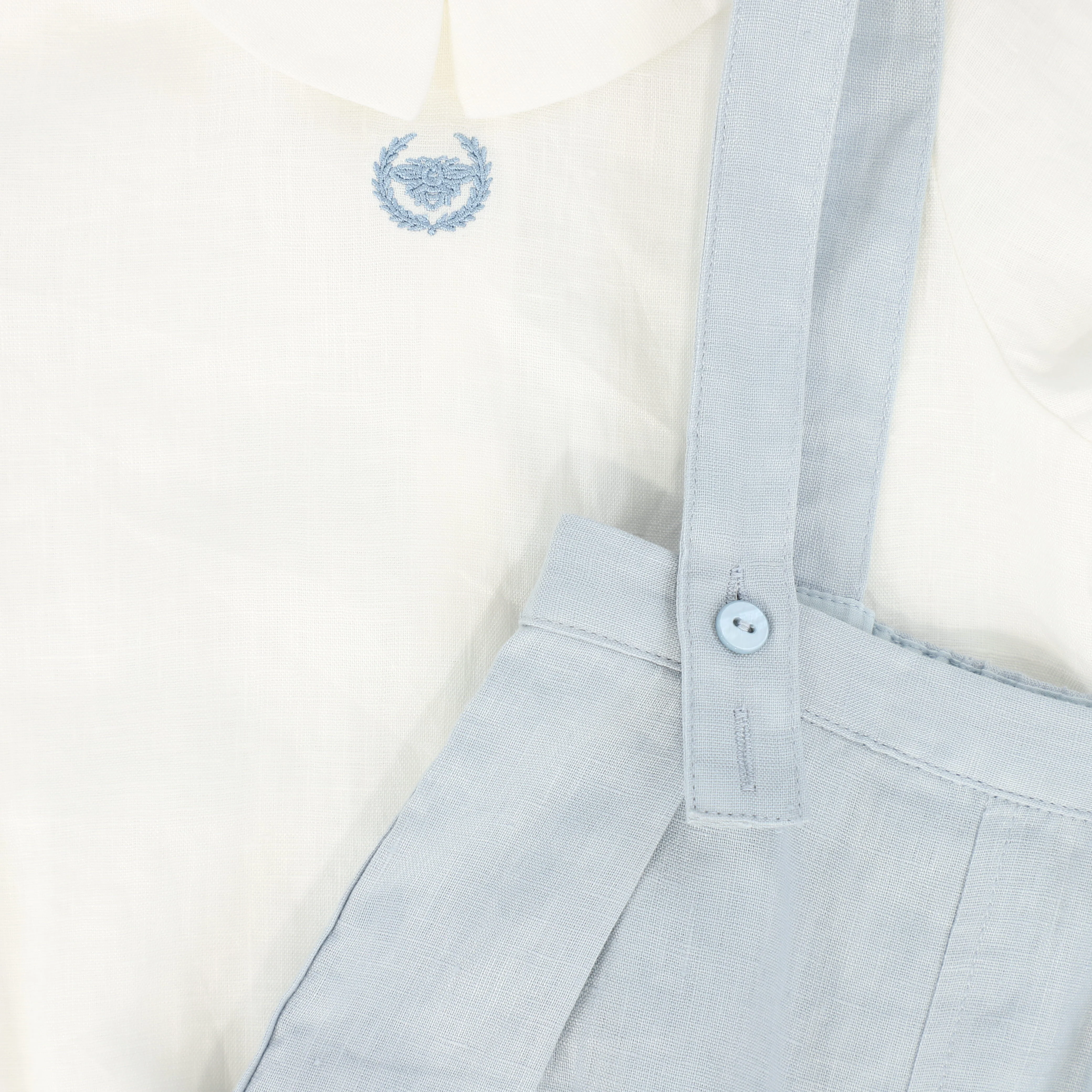 LE BOURDON WHITE/BLUE LINEN BUBBLE OVERALLS SET - Image 2