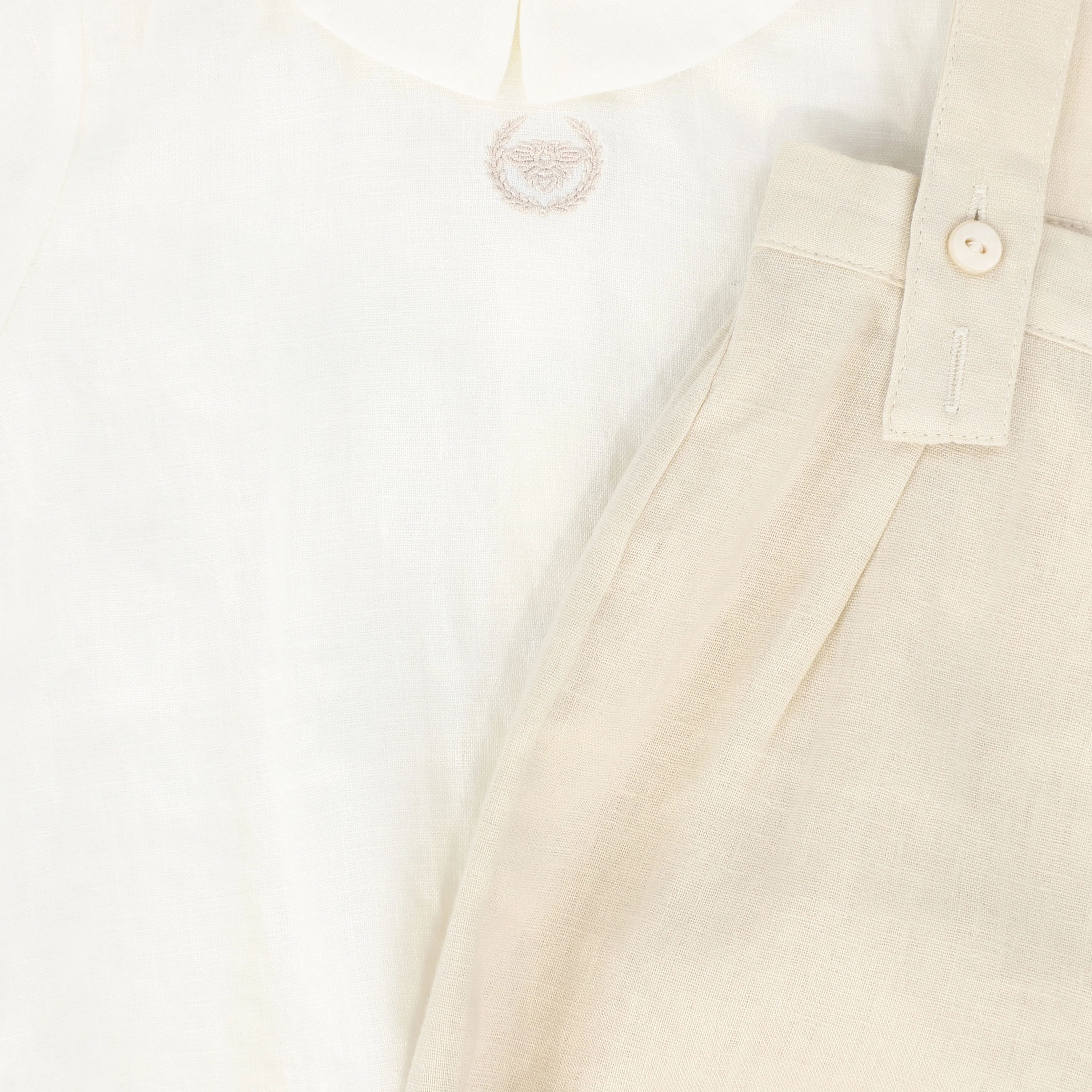 LE BOURDON WHITE/TAN LINEN BUBBLE OVERALLS SET - Image 2