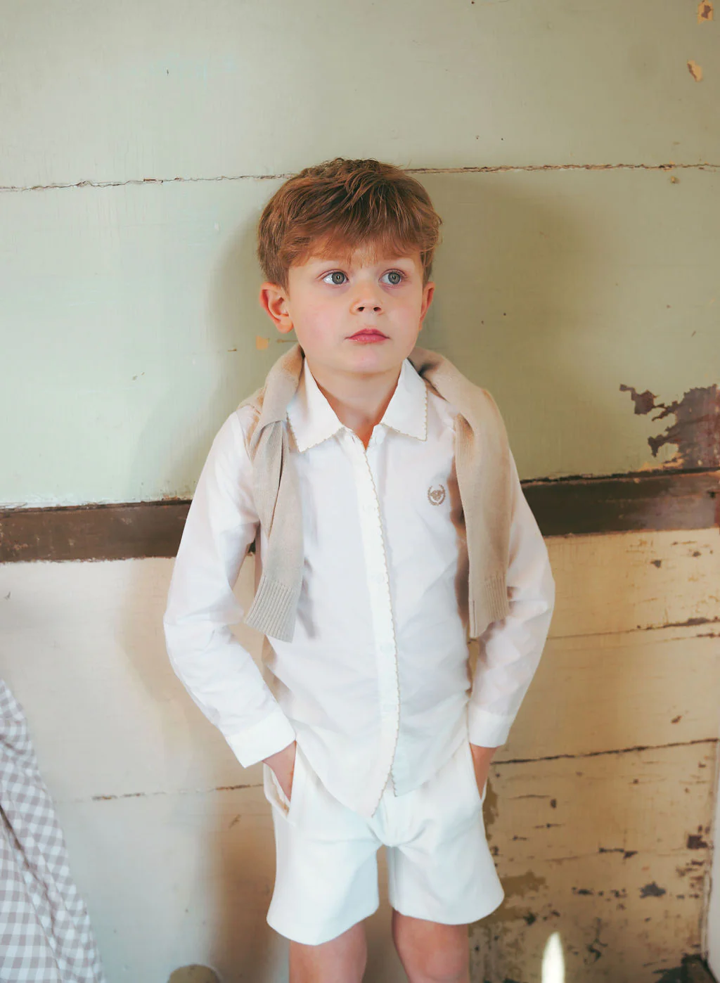LE BOURDON WHITE/TAN SCALLOP STITCH BLOUSE - Image 4