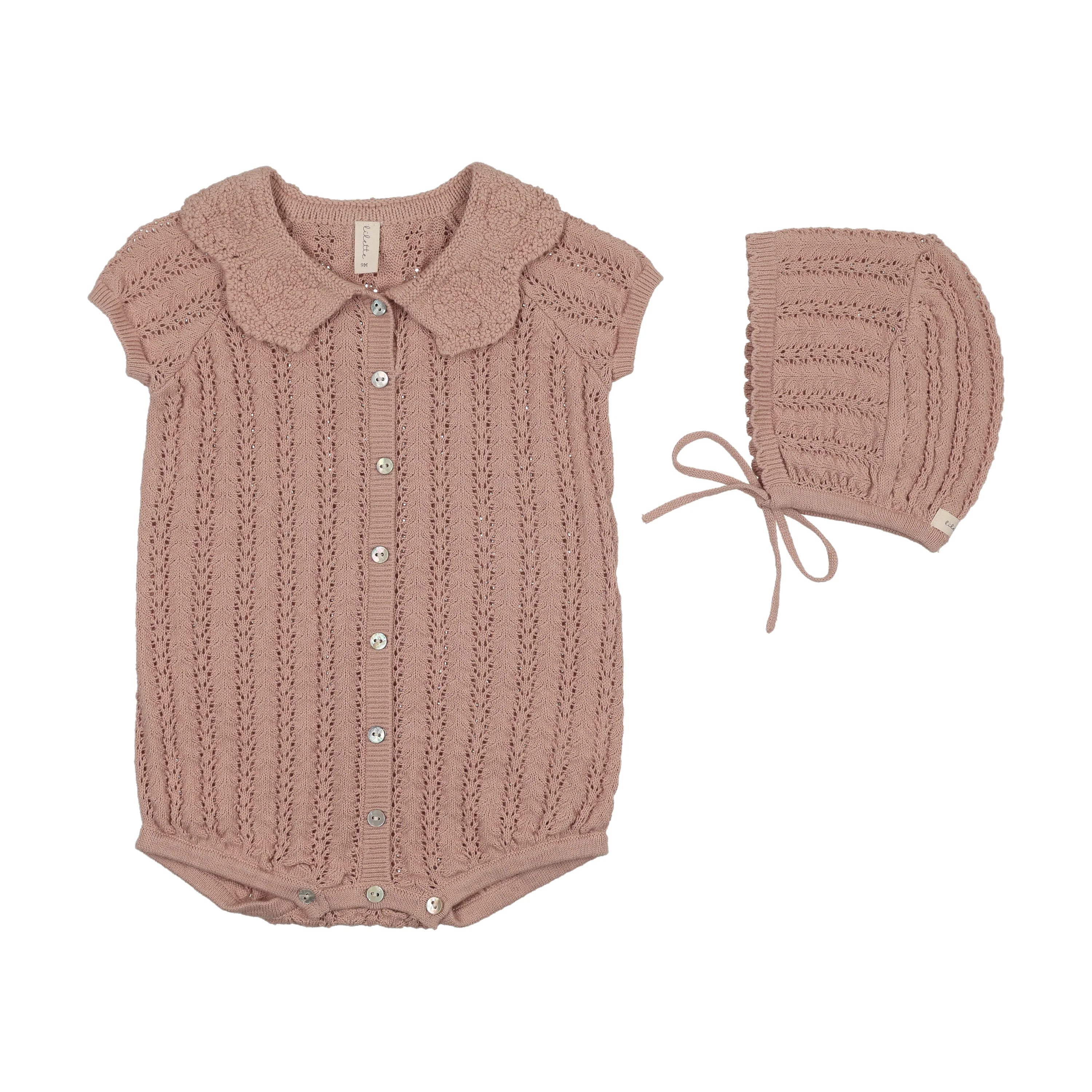 LILETTE DUSTY PINK CROCHET KNIT RUFFLE ROMPER SET