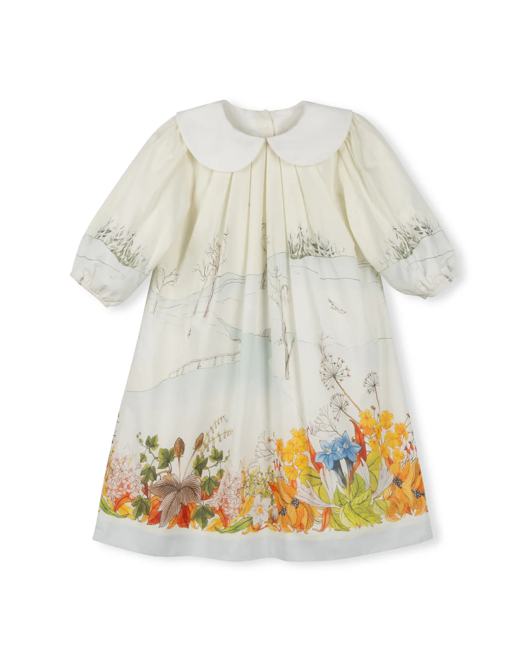 LILOU IVORY FLORAL LINEN PETER PAN COLLAR DRESS