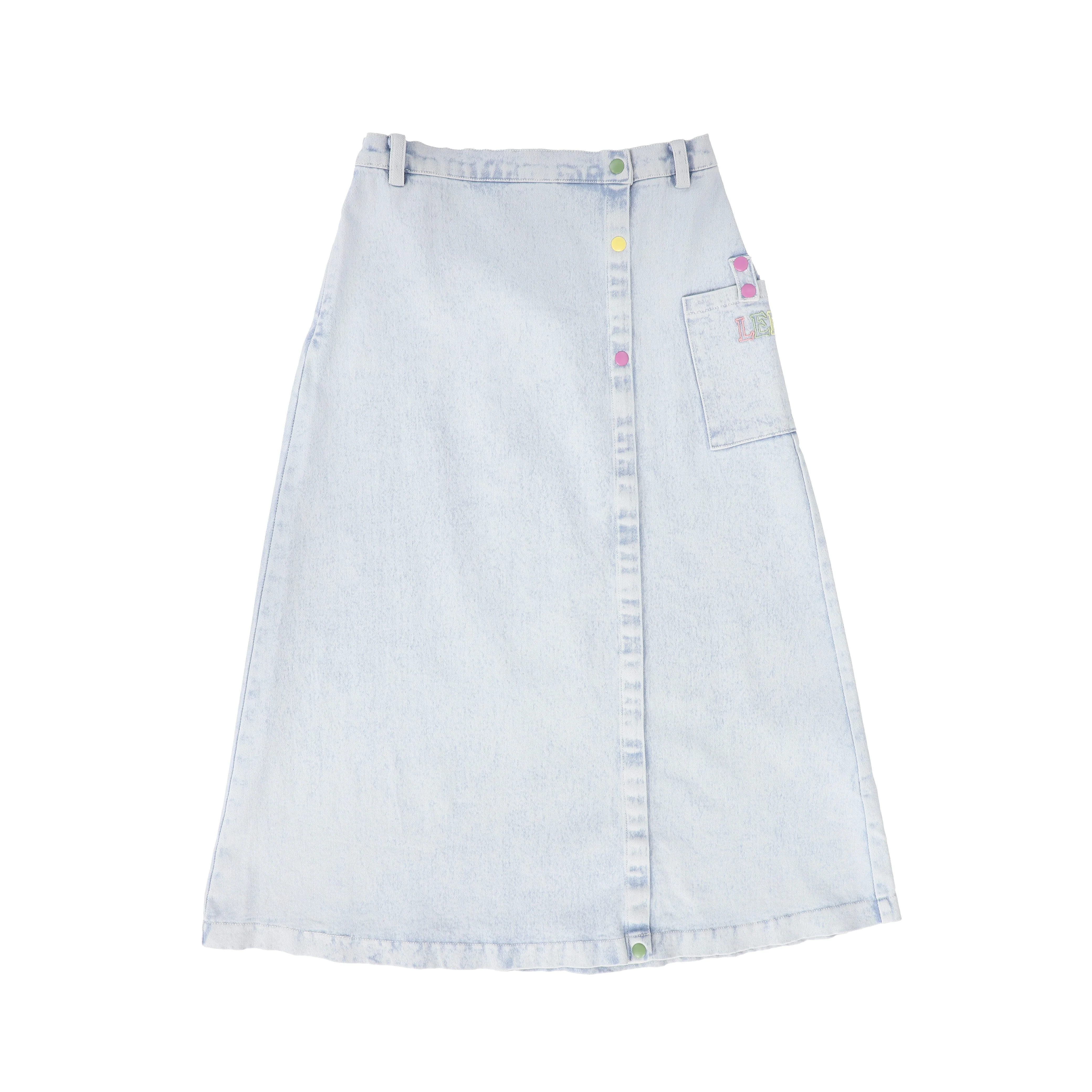 LIMITED EDITION LIGHT BLUE DENIM SNAP TRIM MIDI SKIRT
