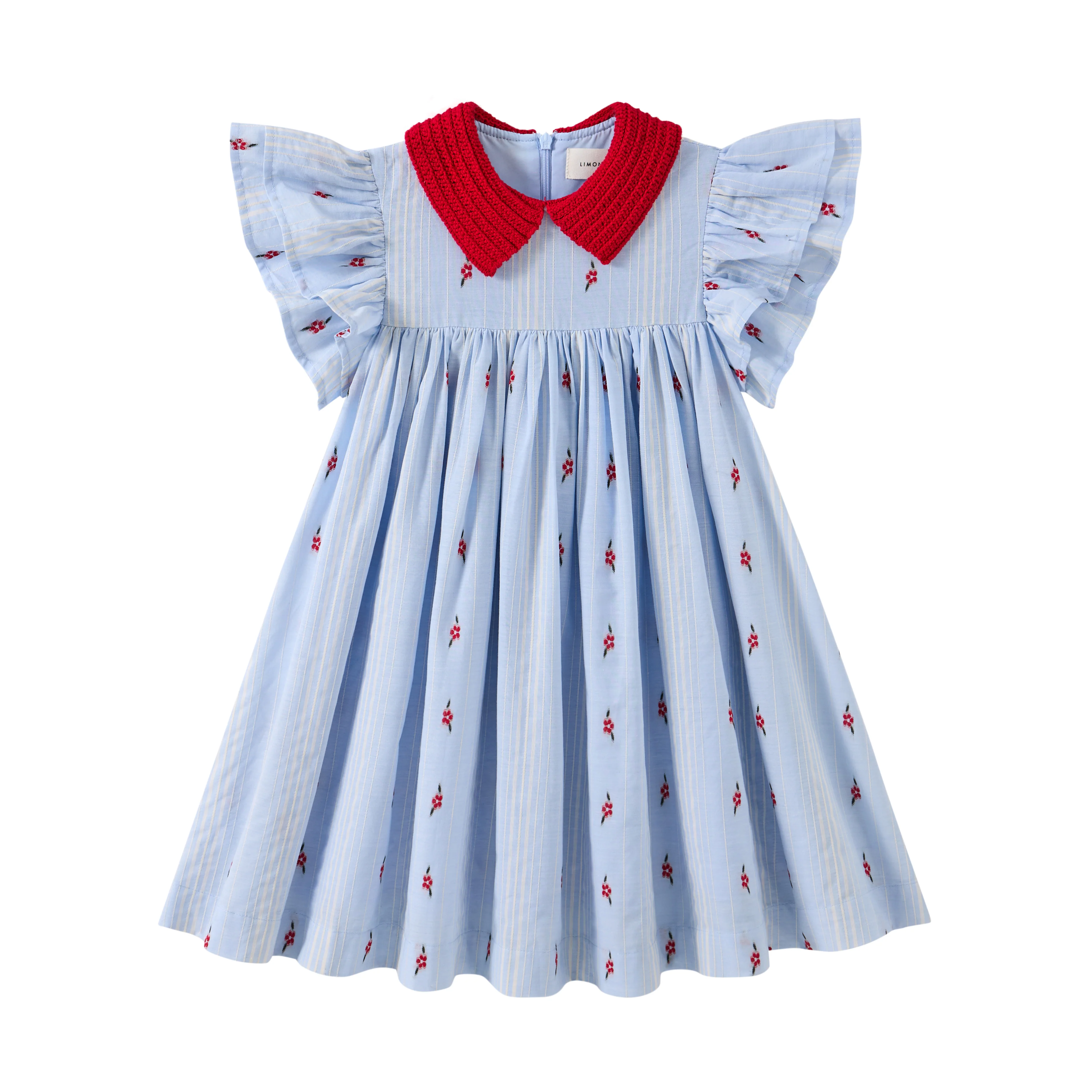 LIMONANA LIGHT BLUE/RED CROCHET COLLAR DRESS